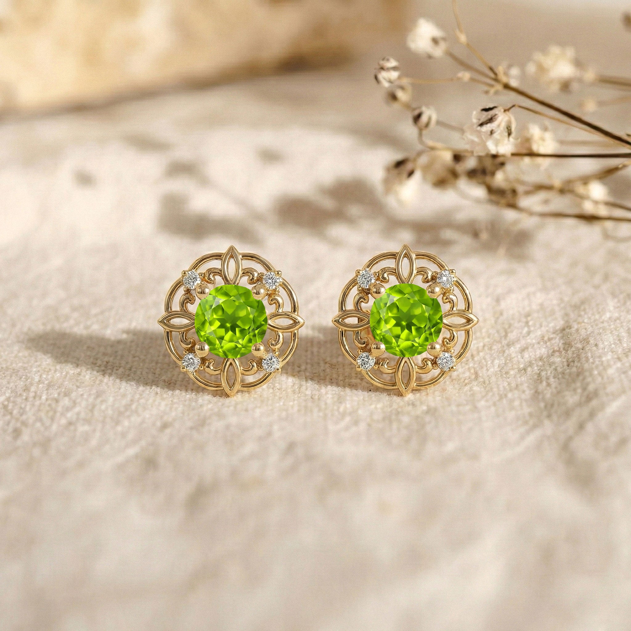 Peridot Round Halo Stud Earrings in 925 Sterling Silver 5MM 1.30ct