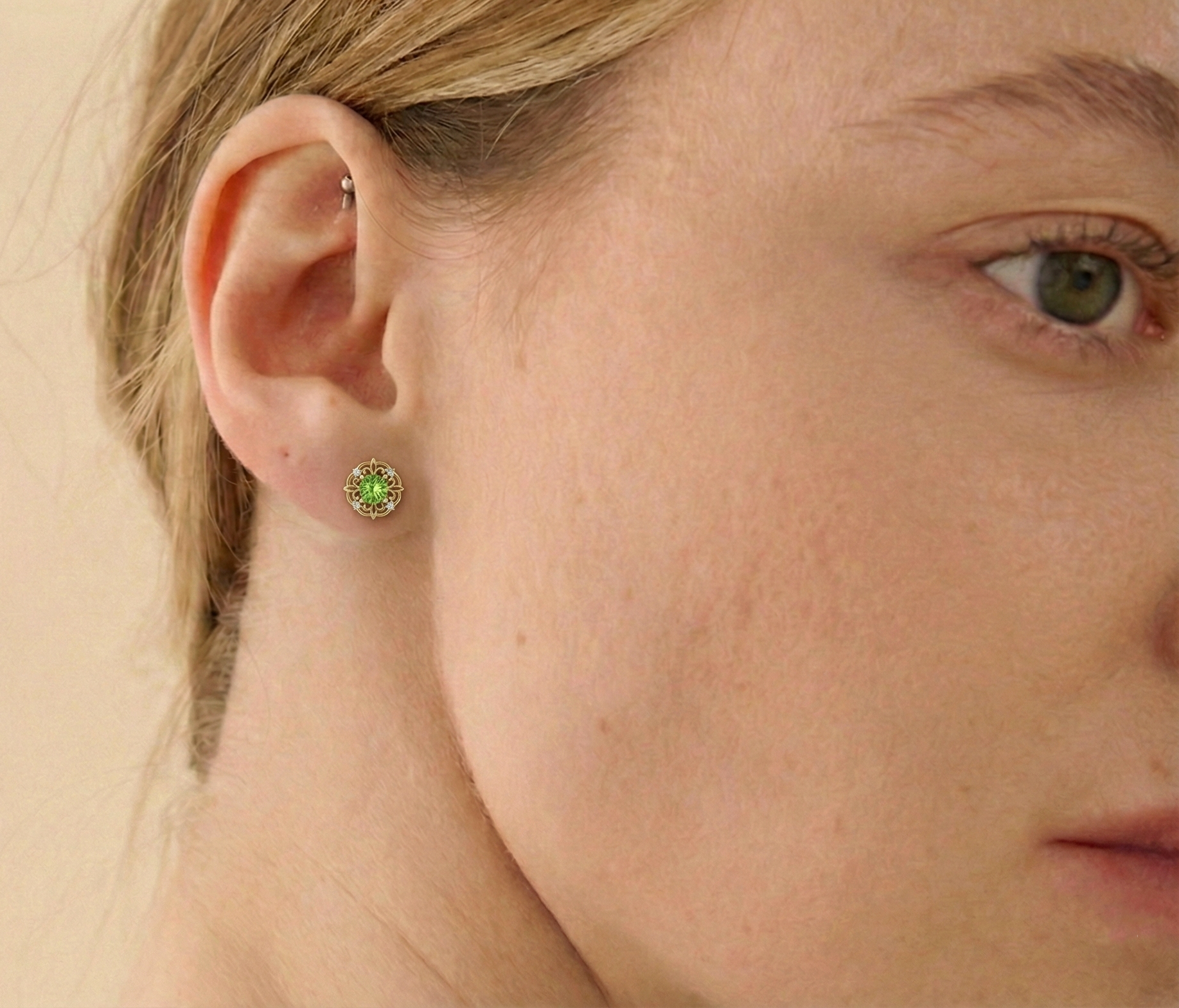 Peridot Round Halo Stud Earrings in 925 Sterling Silver 5MM 1.30ct