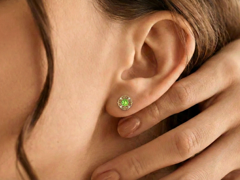 Peridot Round Halo Stud Earrings in 925 Sterling Silver 5MM 1.30ct