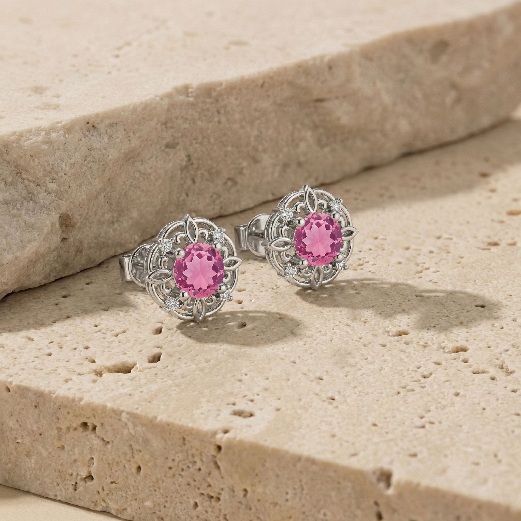 Pink Tourmaline Round Halo Stud Earrings in 925 Sterling Silver 5MM 1.30ct