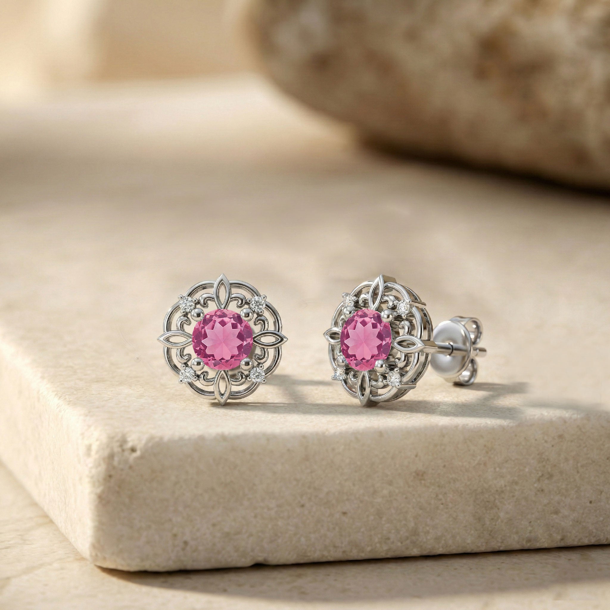 Pink Tourmaline Round Halo Stud Earrings in 925 Sterling Silver 5MM 1.30ct