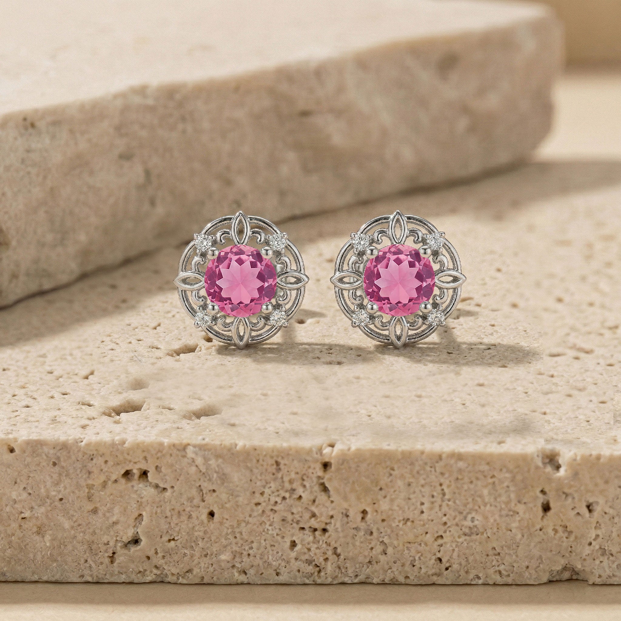 Pink Tourmaline Round Halo Stud Earrings in 925 Sterling Silver 5MM 1.30ct