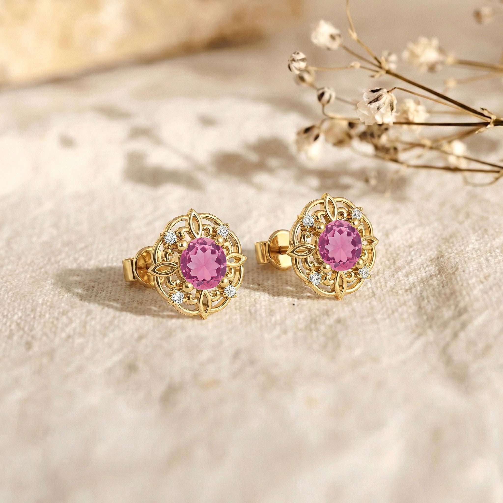 Pink Tourmaline Round Halo Stud Earrings in 925 Sterling Silver 5MM 1.30ct