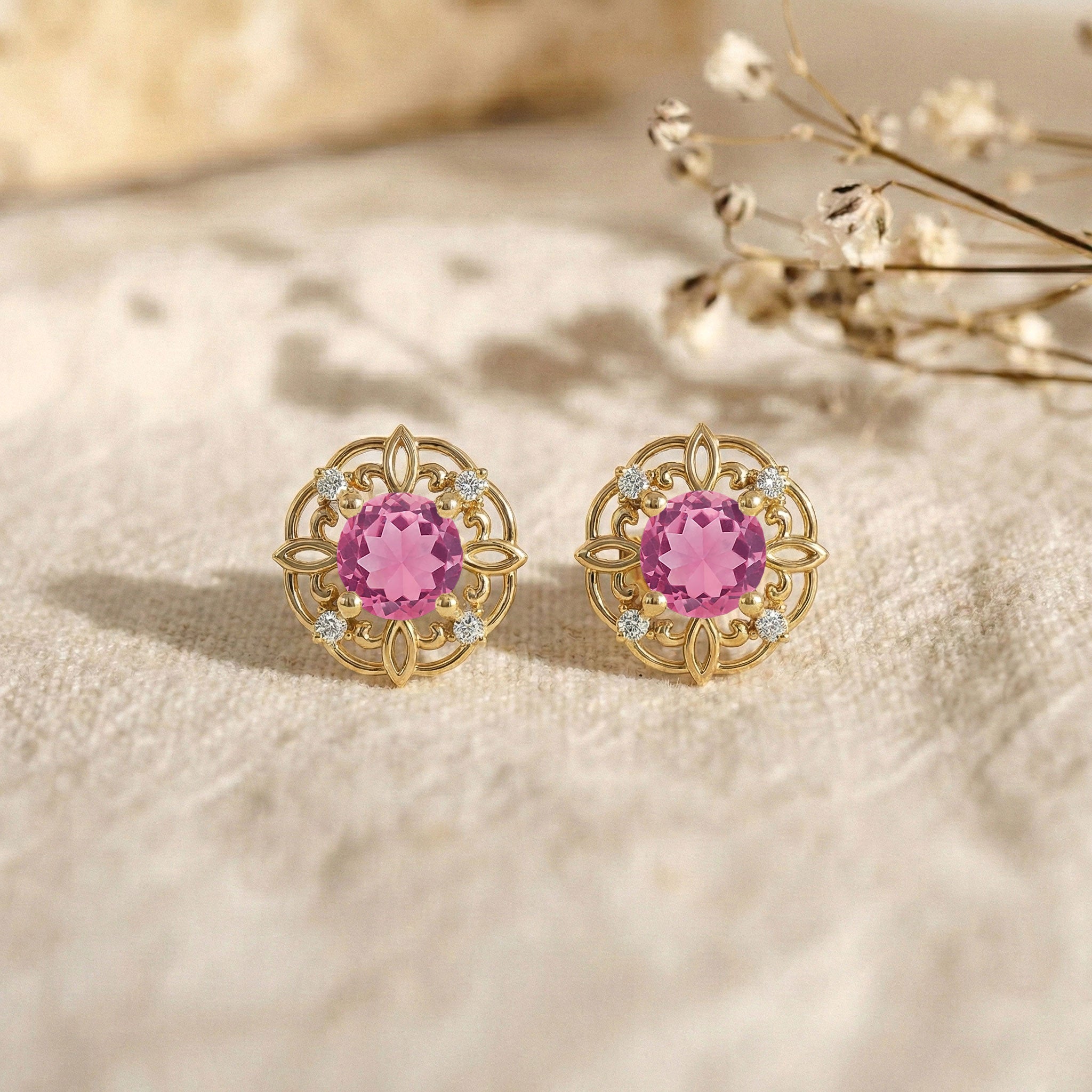 Pink Tourmaline Round Halo Stud Earrings in 925 Sterling Silver 5MM 1.30ct