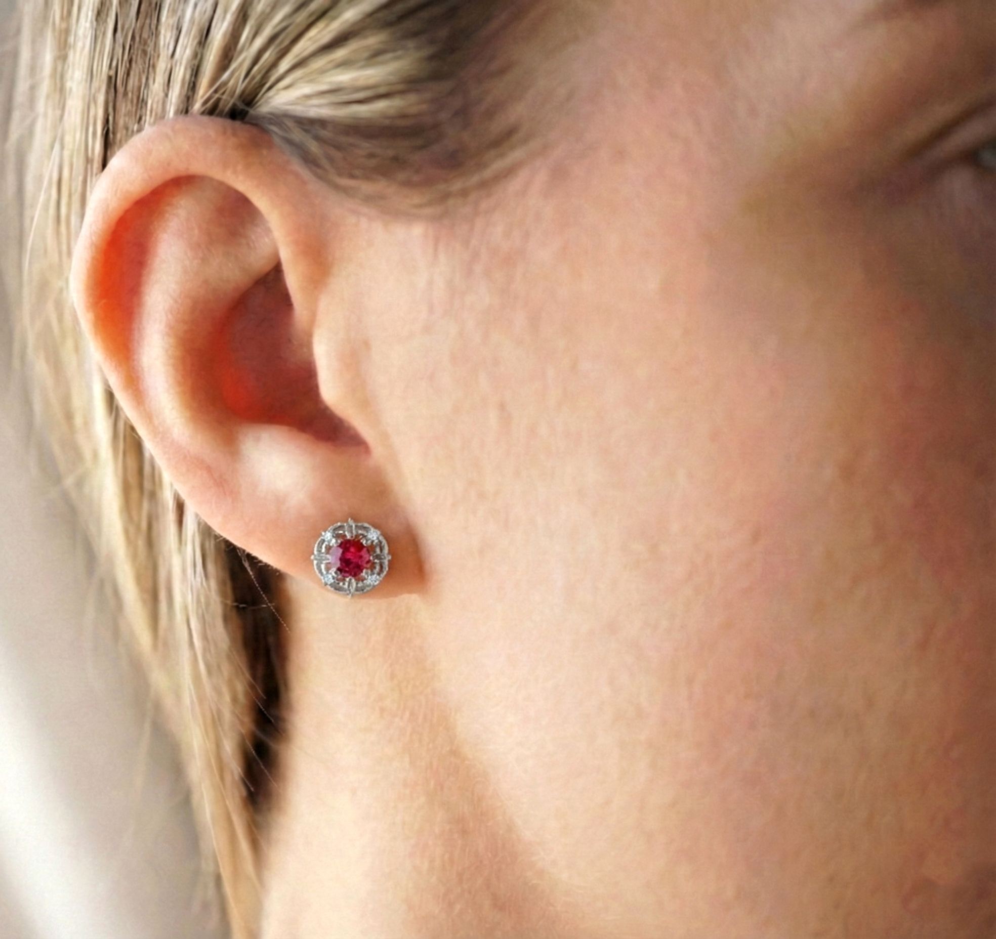 Ruby Round Halo Stud Earrings in 925 Sterling Silver 5MM 1.30ct