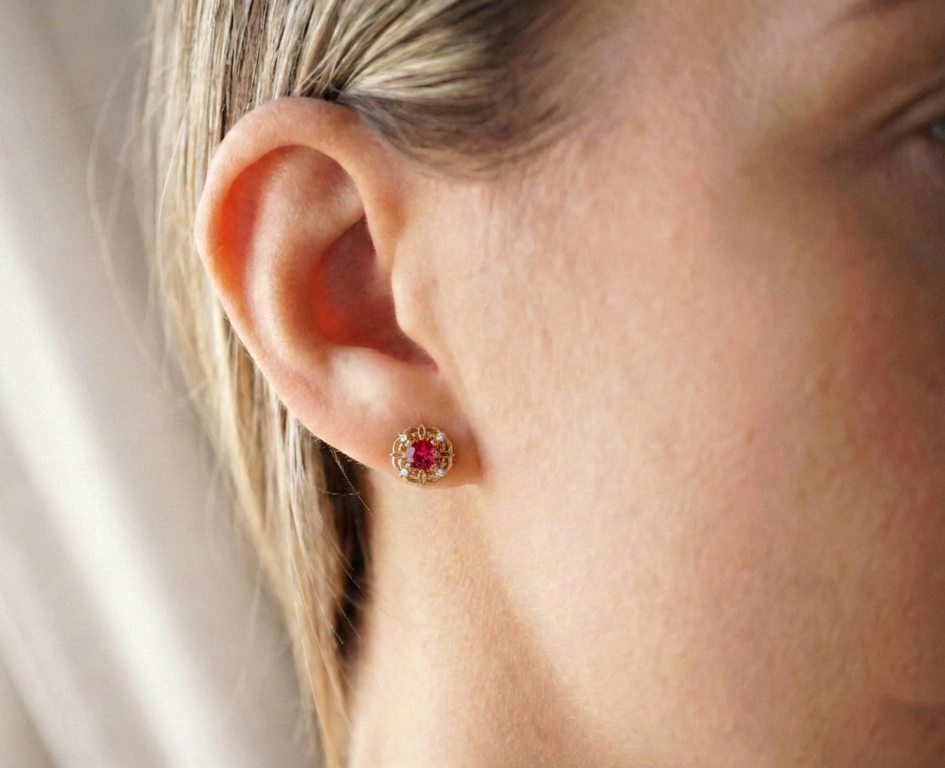 Ruby Round Halo Stud Earrings in 925 Sterling Silver 5MM 1.30ct
