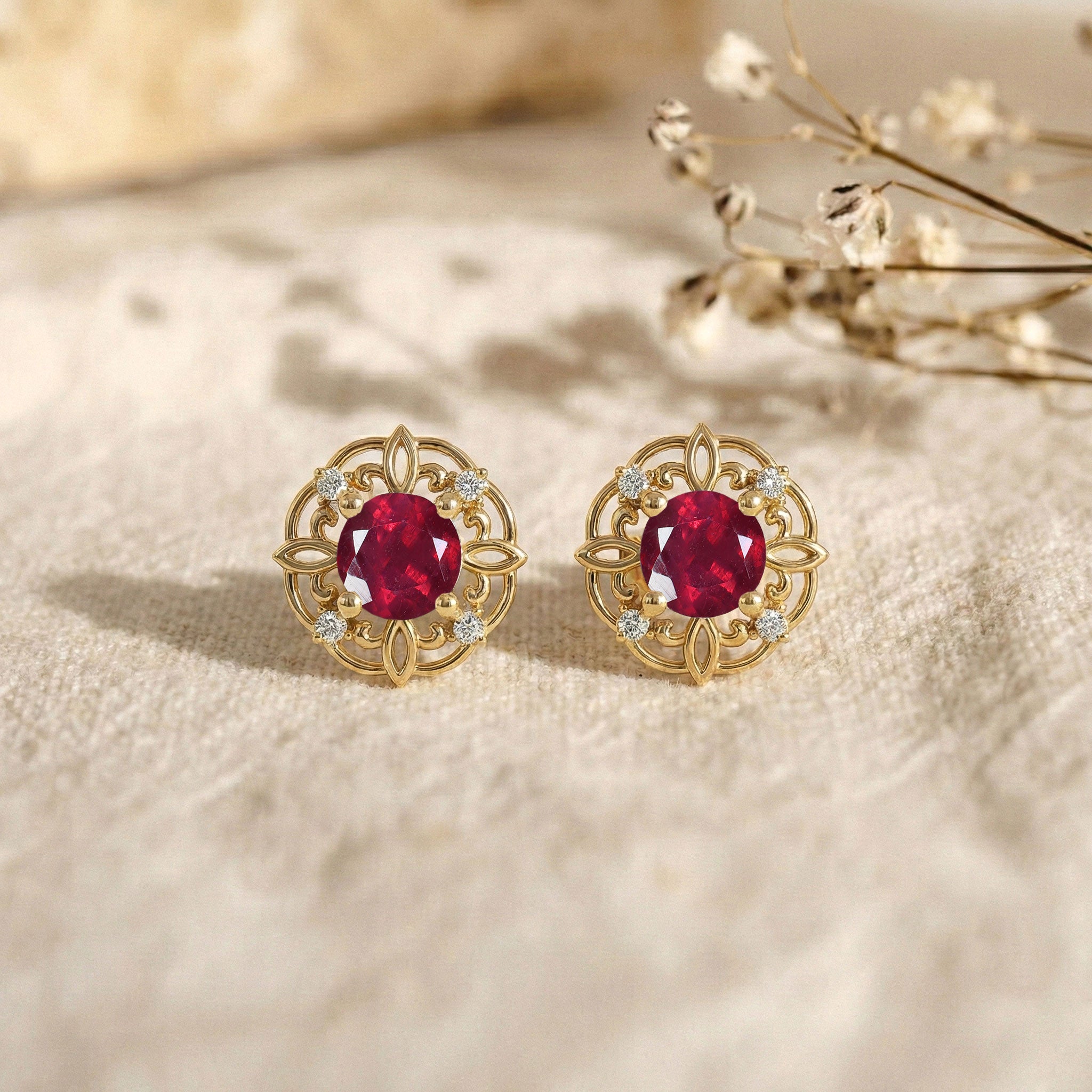 Ruby Round Halo Stud Earrings in 925 Sterling Silver 5MM 1.30ct