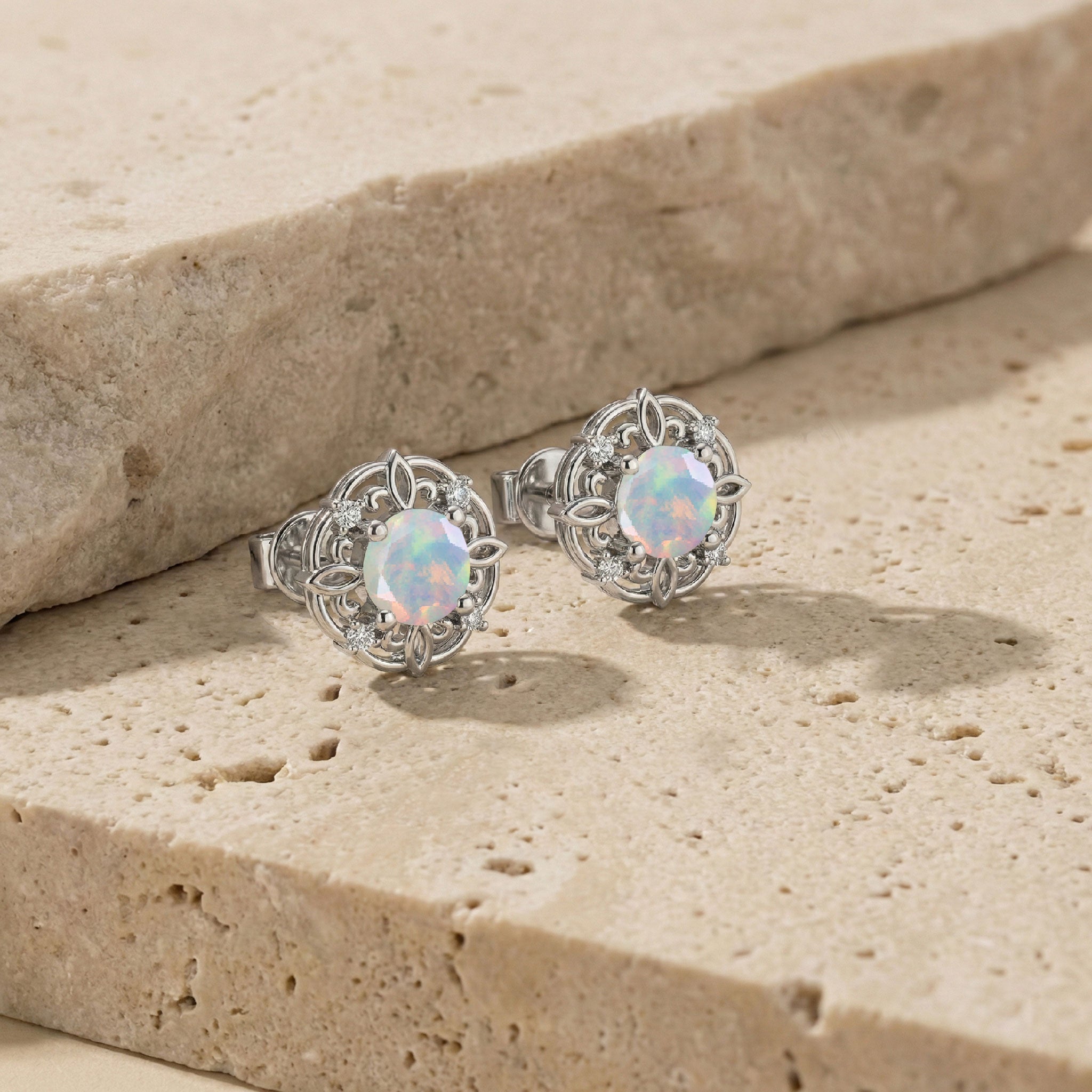 White Opal Round Halo Stud Earrings in 925 Sterling Silver 5MM 1.30ct