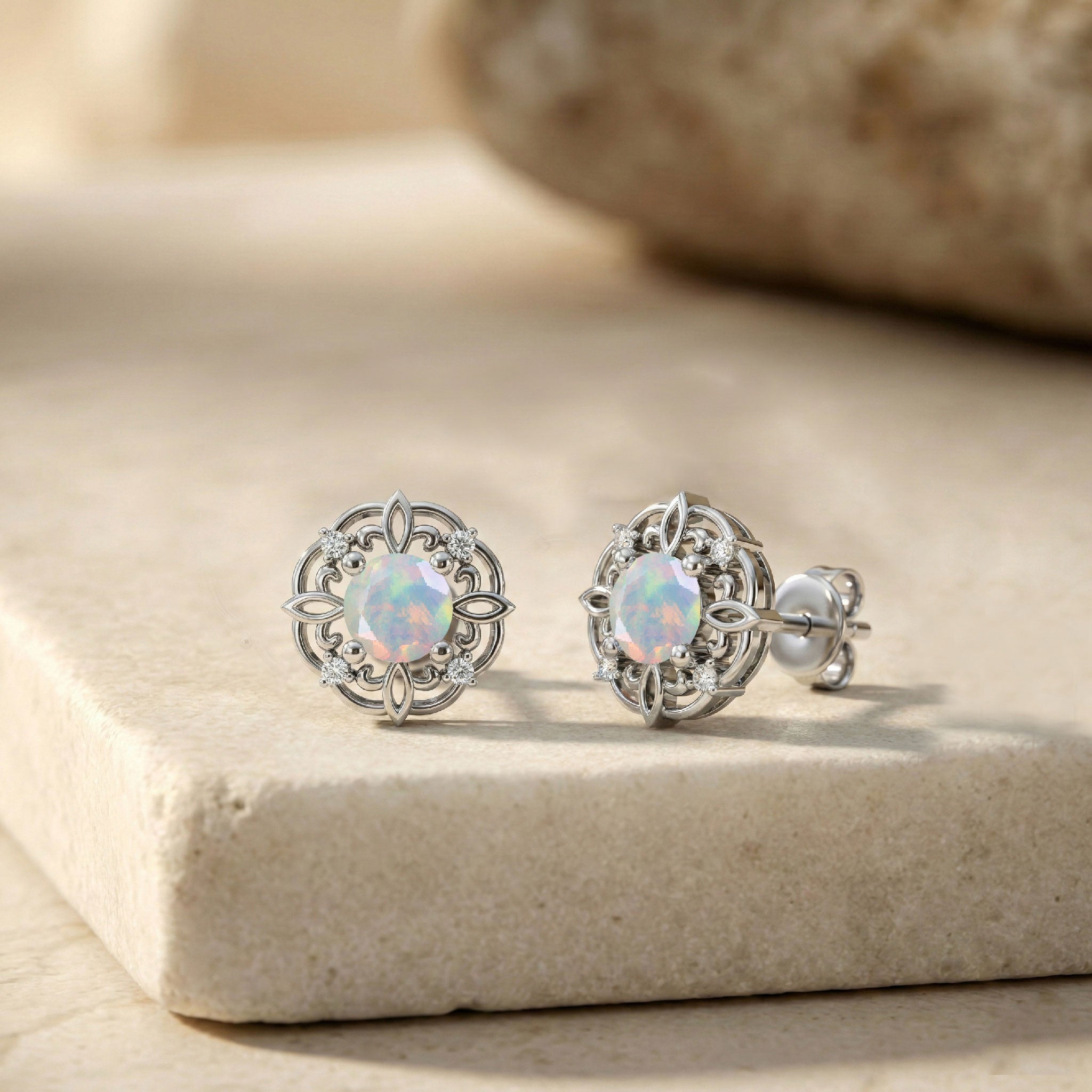 White Opal Round Halo Stud Earrings in 925 Sterling Silver 5MM 1.30ct