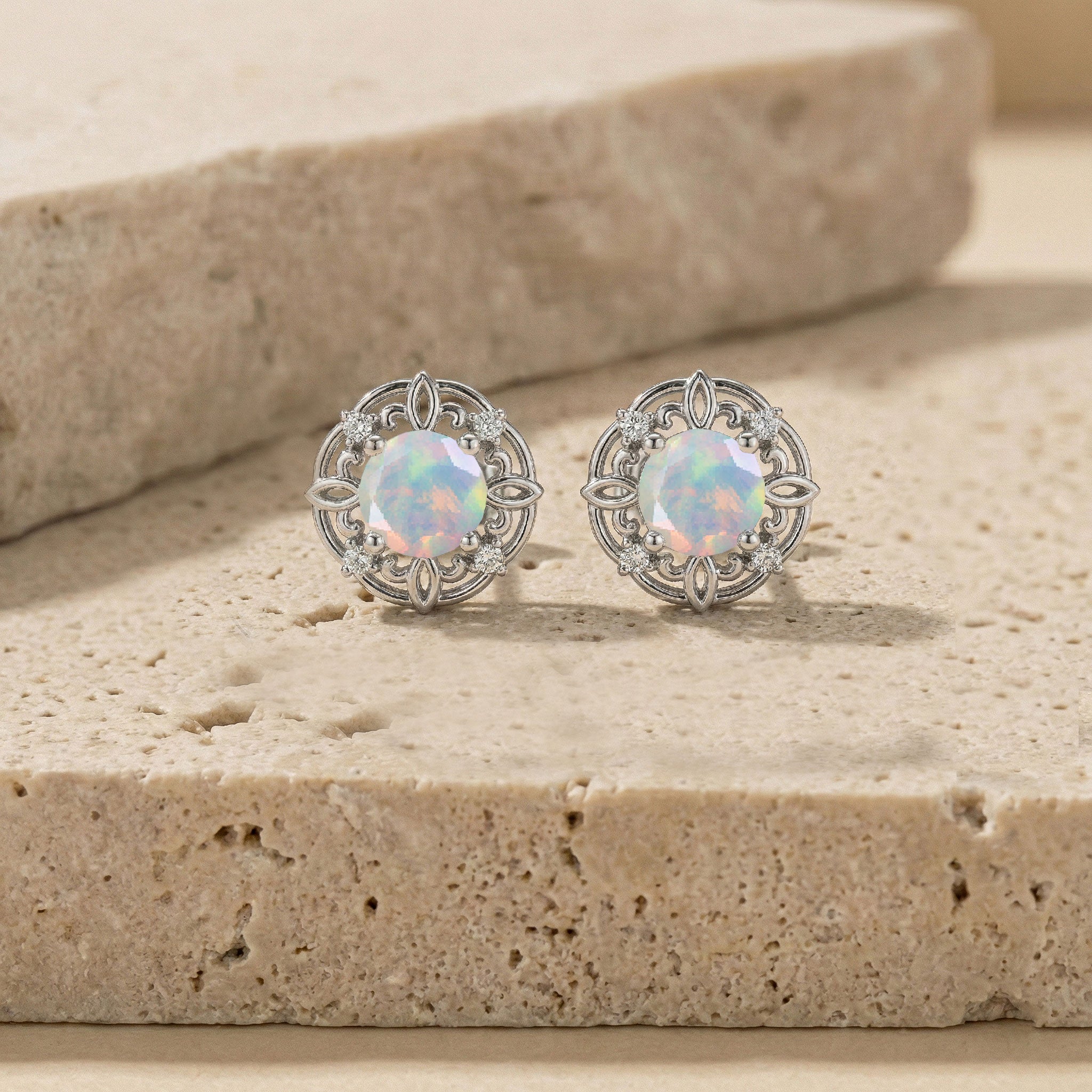 White Opal Round Halo Stud Earrings in 925 Sterling Silver 5MM 1.30ct