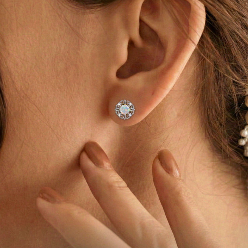 White Opal Round Halo Stud Earrings in 925 Sterling Silver 5MM 1.30ct