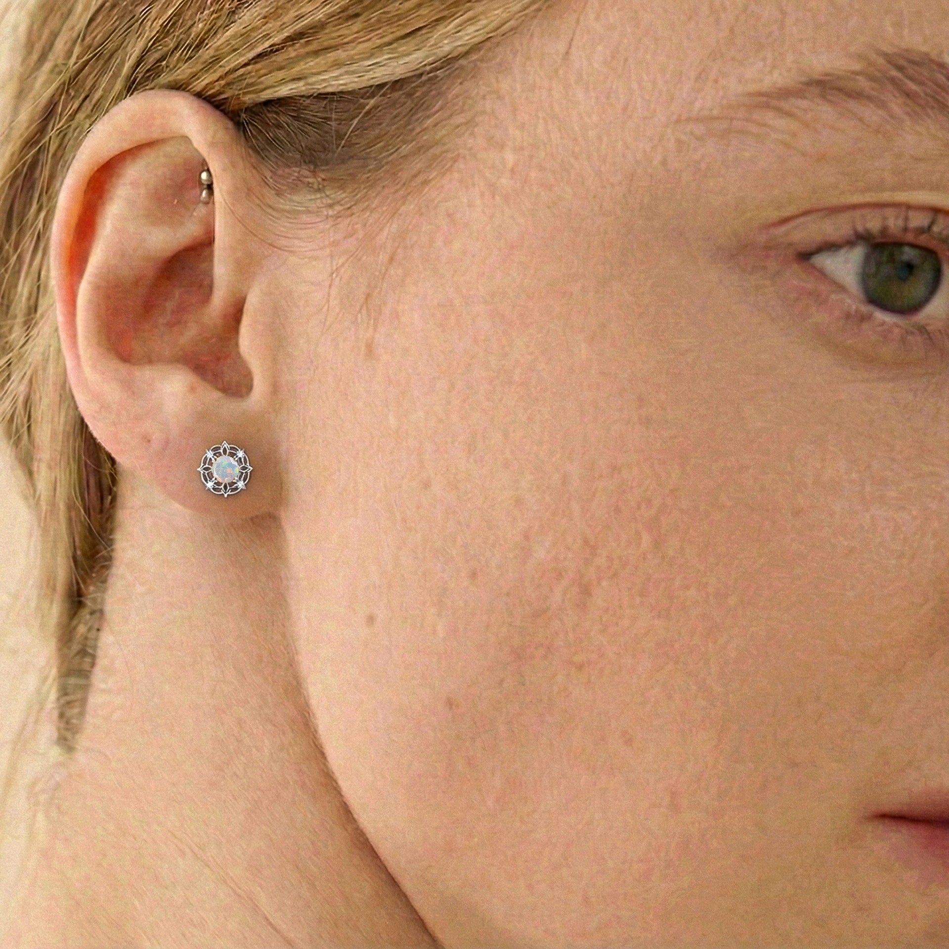 White Opal Round Halo Stud Earrings in 925 Sterling Silver 5MM 1.30ct