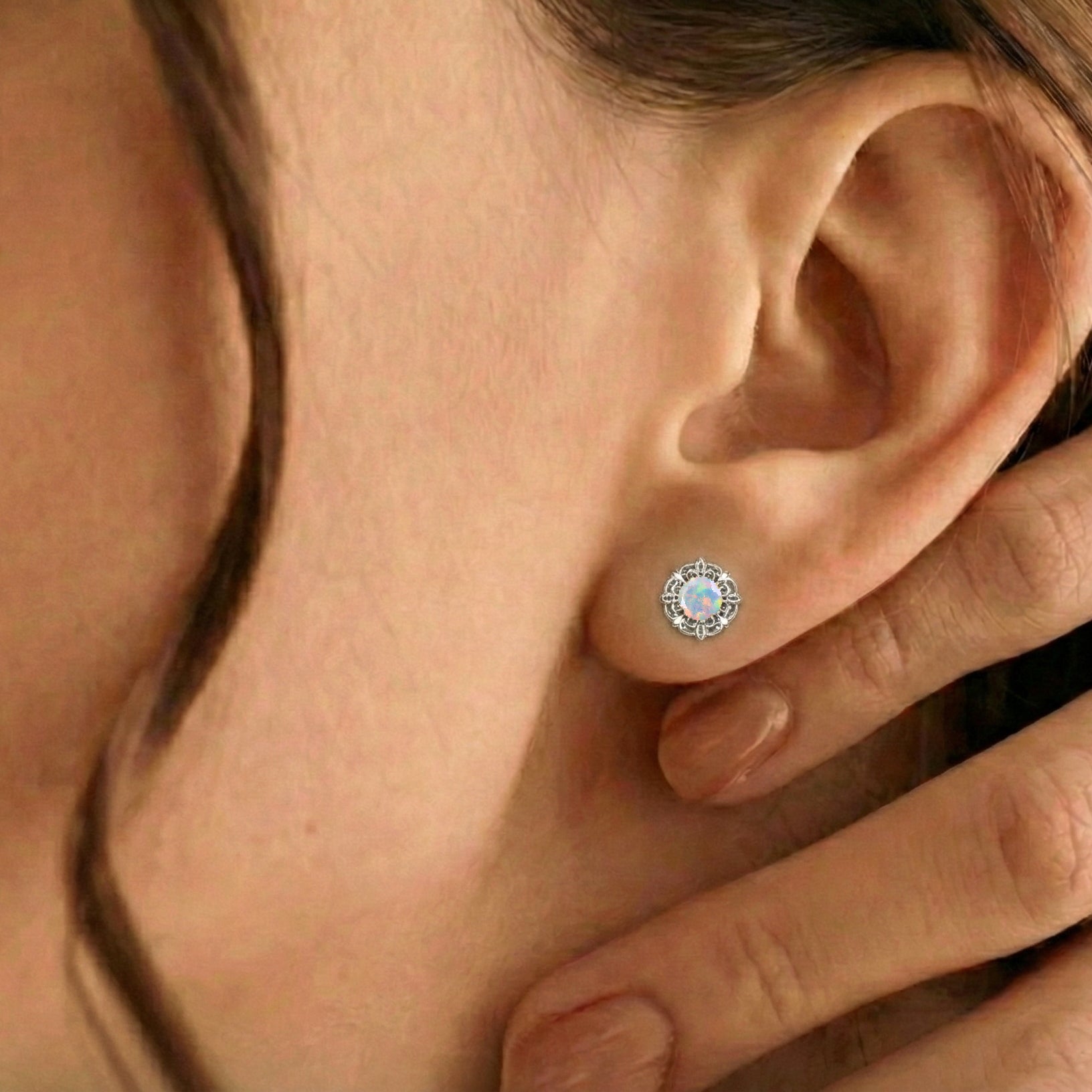 White Opal Round Halo Stud Earrings in 925 Sterling Silver 5MM 1.30ct