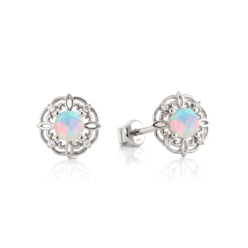 White Opal Round Halo Stud Earrings in 925 Sterling Silver 5MM 1.30ct