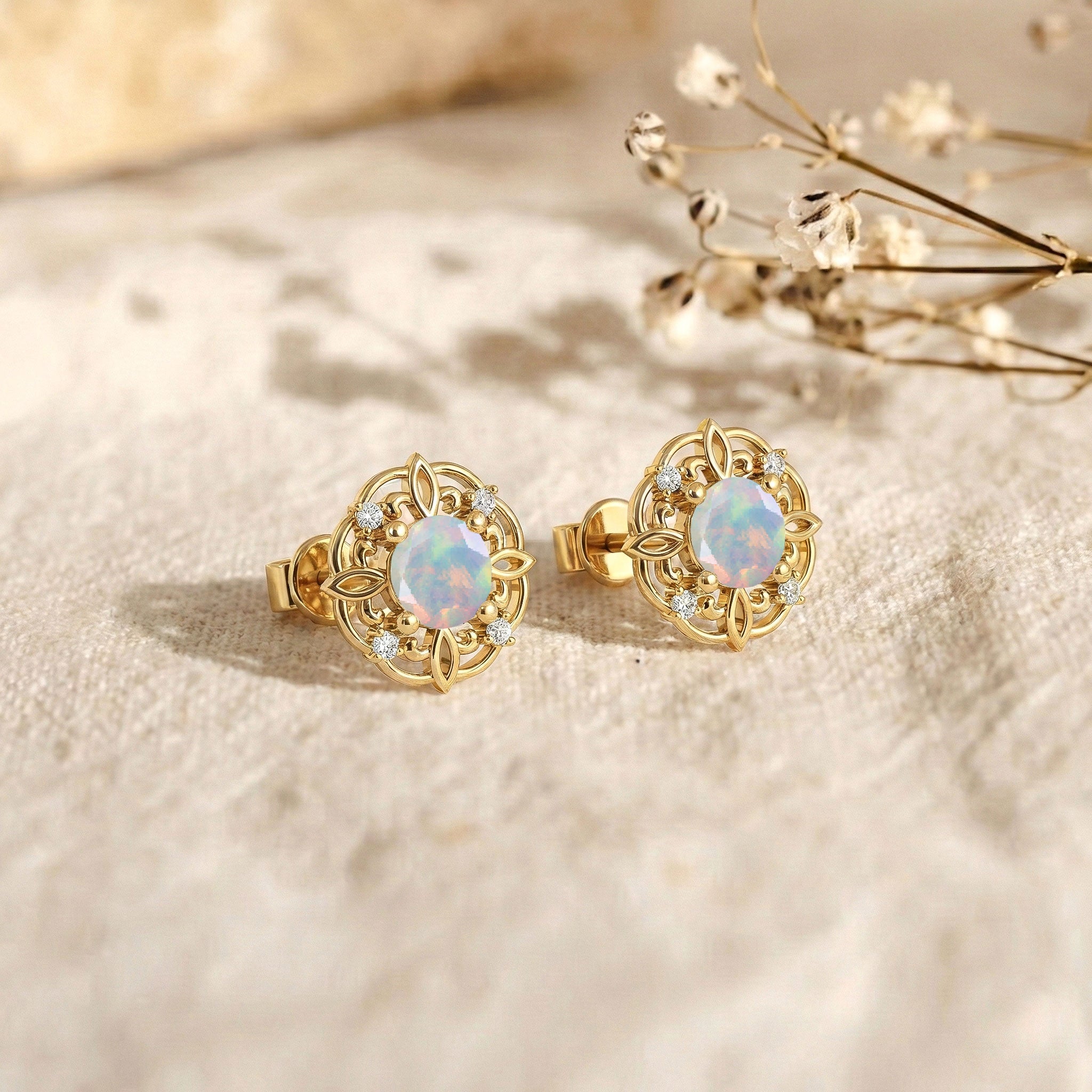 White Opal Round Halo Stud Earrings in 925 Sterling Silver 5MM 1.30ct