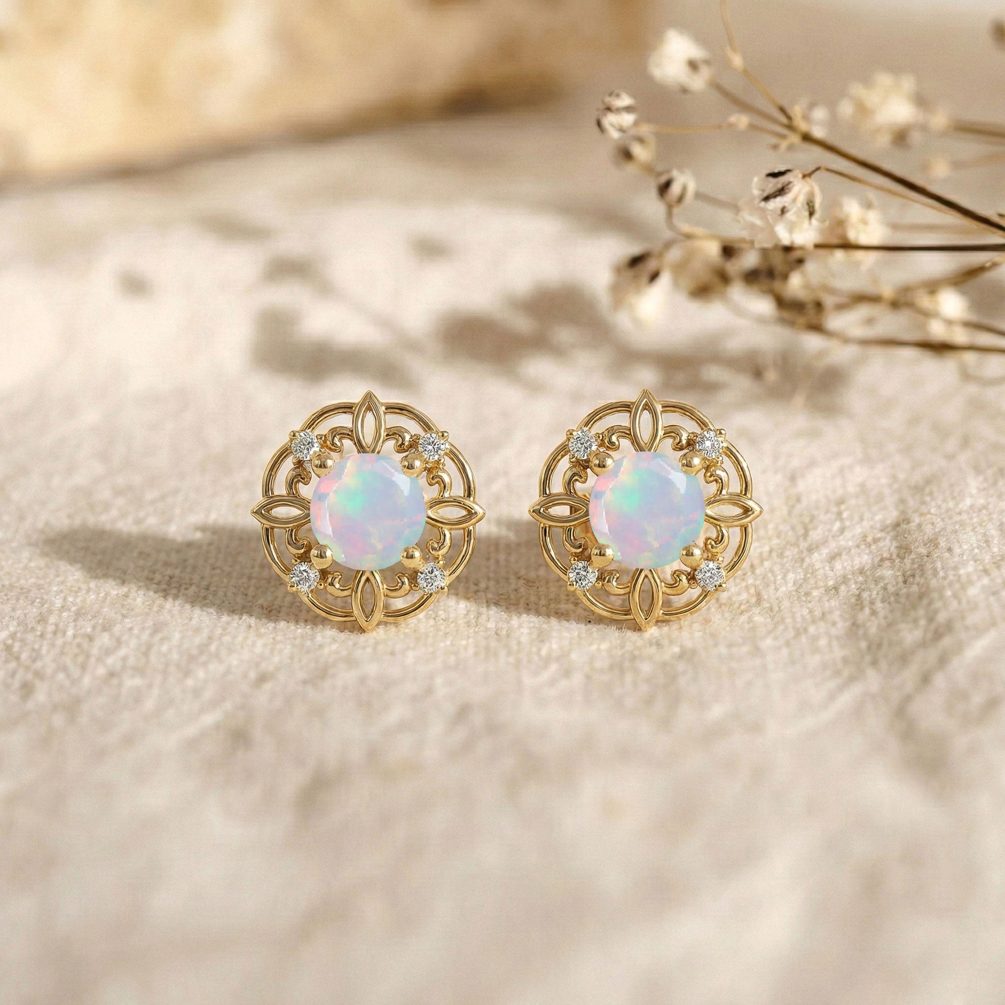 White Opal Round Halo Stud Earrings in 925 Sterling Silver 5MM 1.30ct