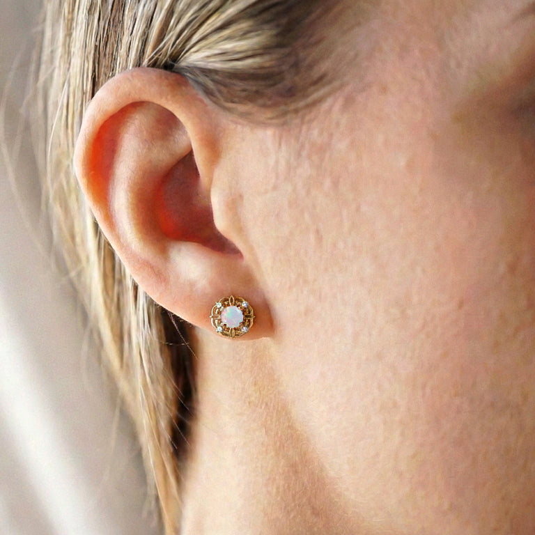 White Opal Round Halo Stud Earrings in 925 Sterling Silver 5MM 1.30ct