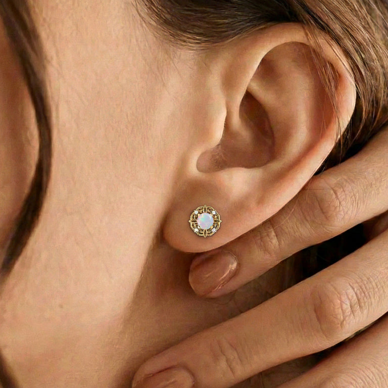 White Opal Round Halo Stud Earrings in 925 Sterling Silver 5MM 1.30ct