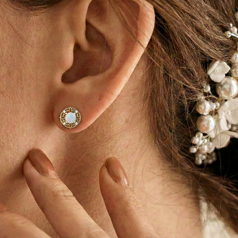 White Opal Round Halo Stud Earrings in 925 Sterling Silver 5MM 1.30ct