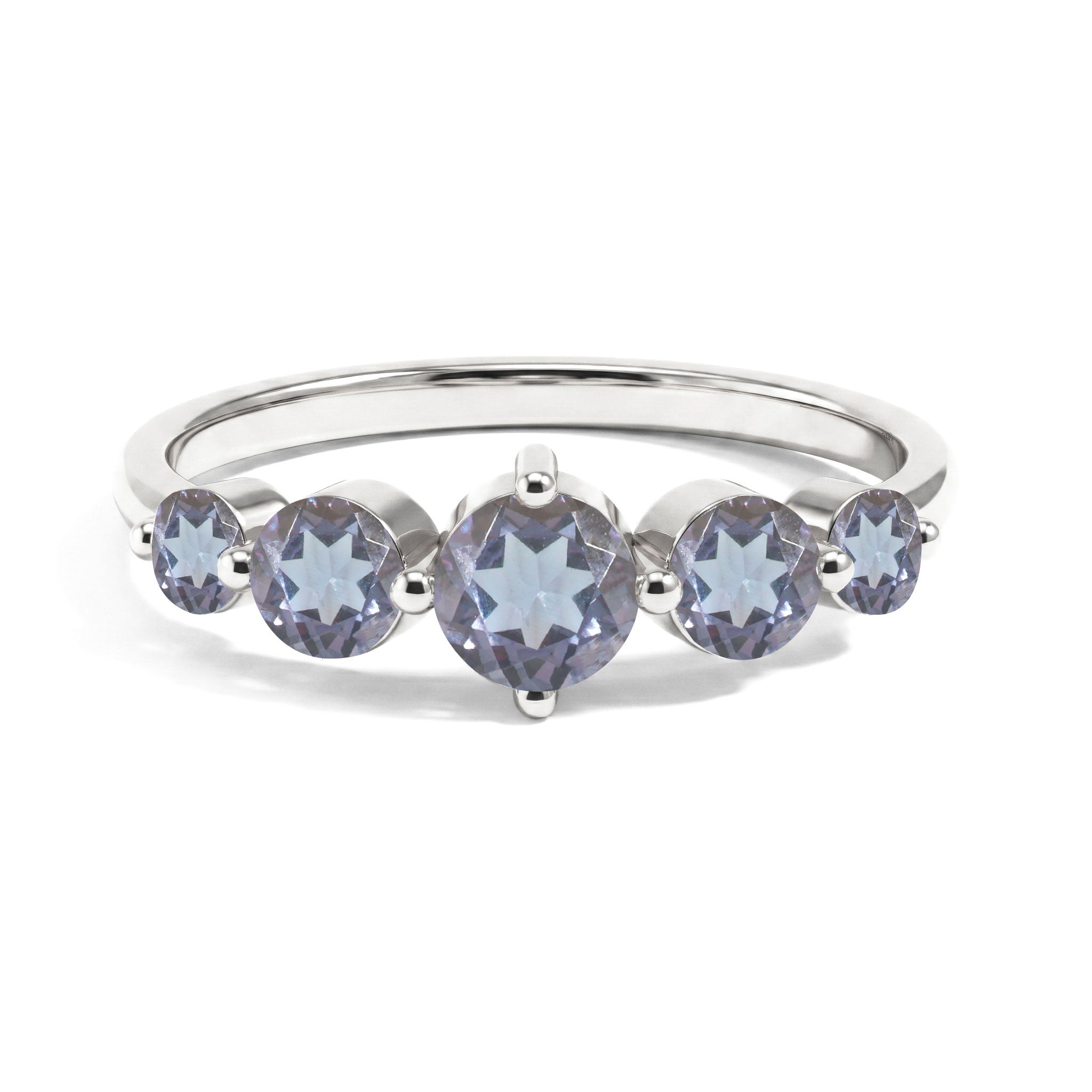 alexandrite ring, five stone ring, round alexandrite gemstones, 925 sterling silver ring, yellow gold filled ring, graduated gemstone design, elegant gemstone jewelry, handcrafted ring, shared prong setting, women's statement ring, anniversary jewelry, luxury gift for her, timeless ring, fine jewelry, sparkling gemstone
