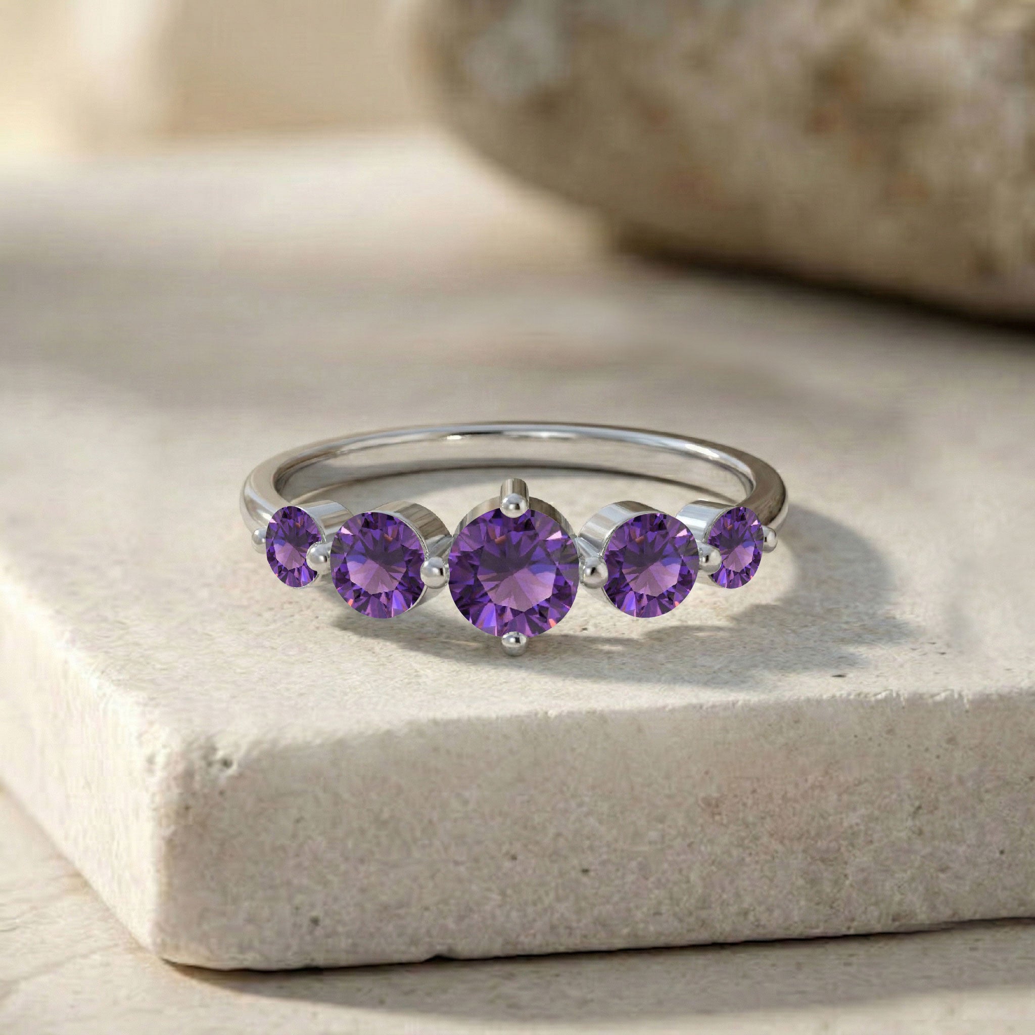 five round amethyst gemstone ring, handcrafted artisan jewelry, sterling silver fine ring, gold filled luxury band, natural violet gemstones, elegant women's accessory, anniversary jewelry gift, polished comfort band, brilliant faceted stones, stackable gemstone ring, timeless birthstone jewelry, sophisticated ring style, premium handmade craftsmanship, everyday fashion accessory, purple crystal sparkle