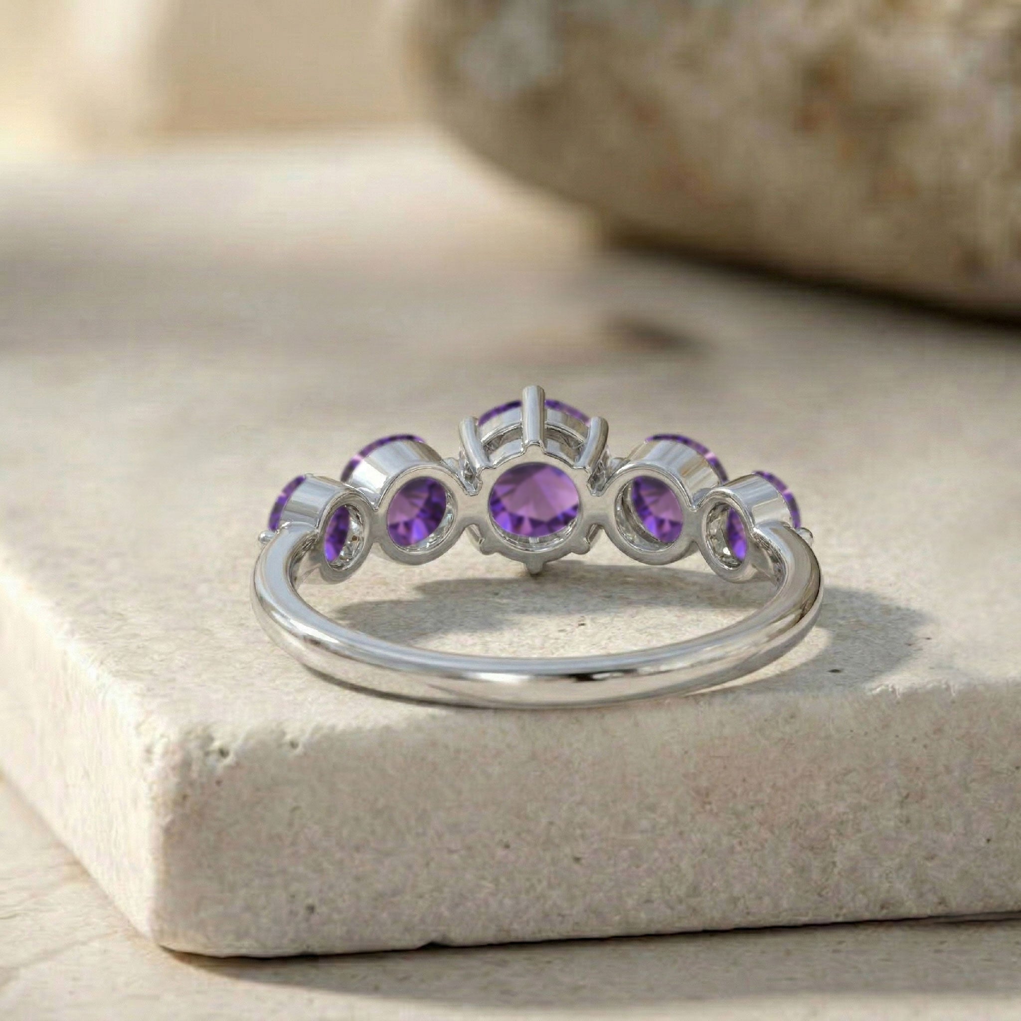 five stone birthstone jewelry, genuine natural amethyst ring, handcrafted sterling silver accessory, polished yellow gold filled jewelry, elegant round gemstone design, premium artisan craftsmanship, vibrant purple gemstone band, feminine anniversary gift, stacking jewelry inspiration, luxury fashion accessory, refined everyday elegance, classic fine jewelry, meaningful keepsake ring, sparkling gemstone brilliance, handcrafted designer style