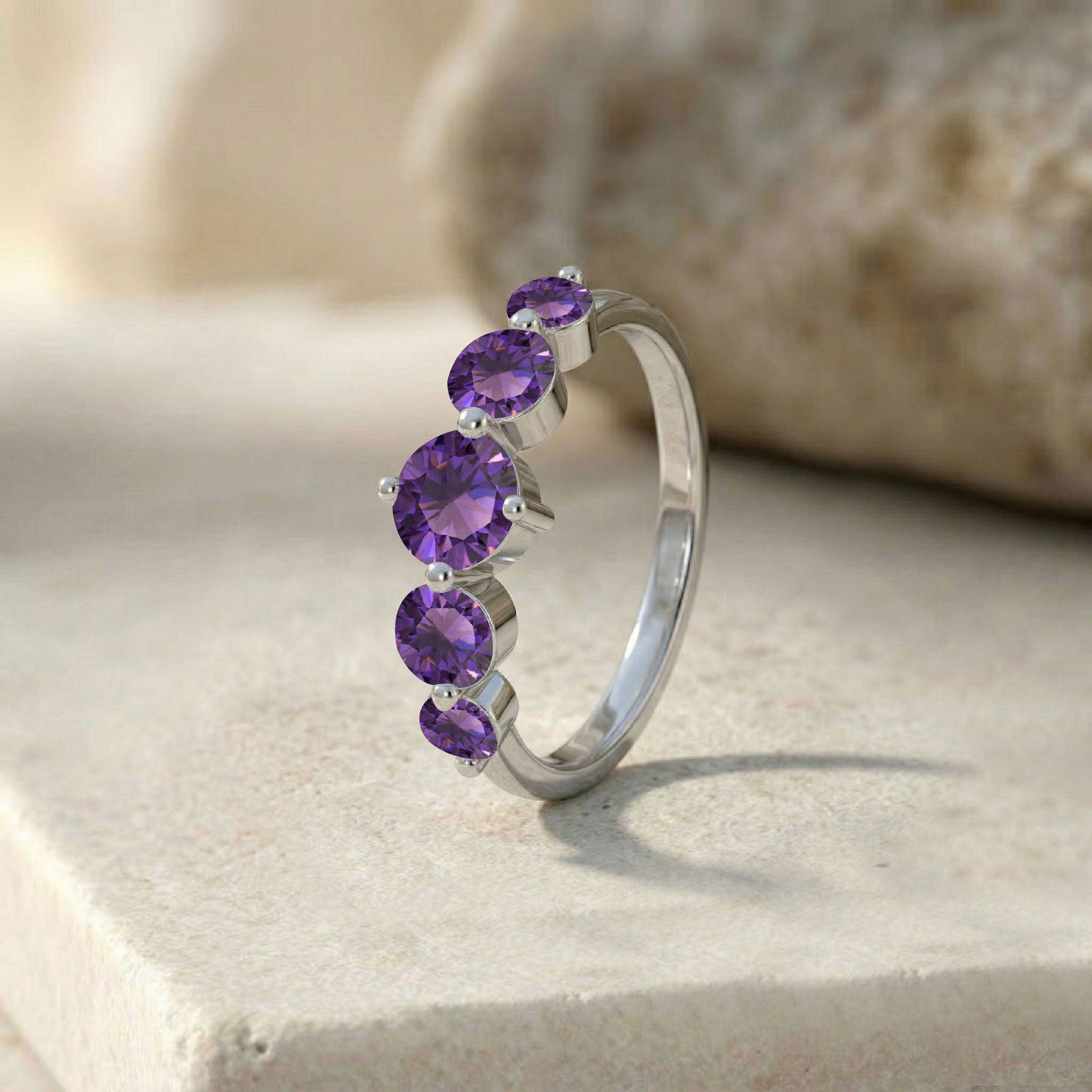 purple amethyst five stone band, handcrafted gemstone jewelry, sterling silver luxury ring, yellow gold filled artisan jewelry, elegant feminine accessory, natural faceted gemstones, polished classic design, premium birthstone ring, stackable fashion jewelry, anniversary keepsake accessory, timeless ring style, comfortable everyday wear, sophisticated gemstone brilliance, handcrafted quality ring, violet crystal jewelry
