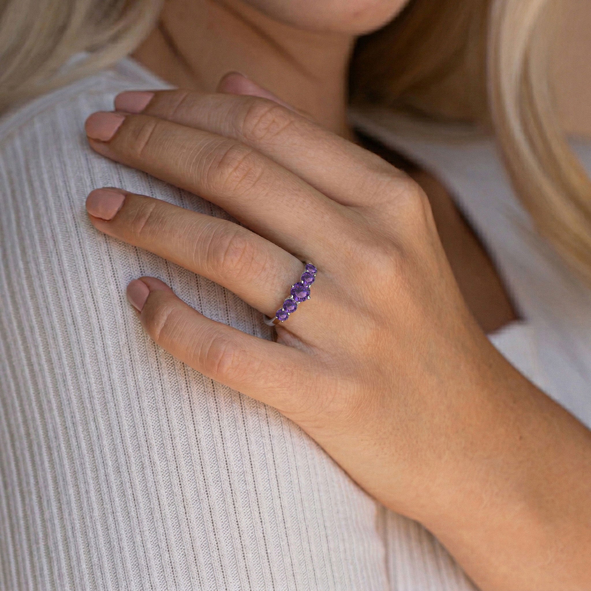 natural round amethyst jewelry, five stone statement ring, handcrafted artisan band, premium sterling silver jewelry, luxurious gold filled finish, elegant purple gemstone accessory, women's fine fashion ring, polished comfort fit, vibrant violet gemstone sparkle, birthstone keepsake jewelry, sophisticated anniversary gift, timeless handcrafted elegance, refined stacking accessory, premium gemstone quality, everyday luxury design