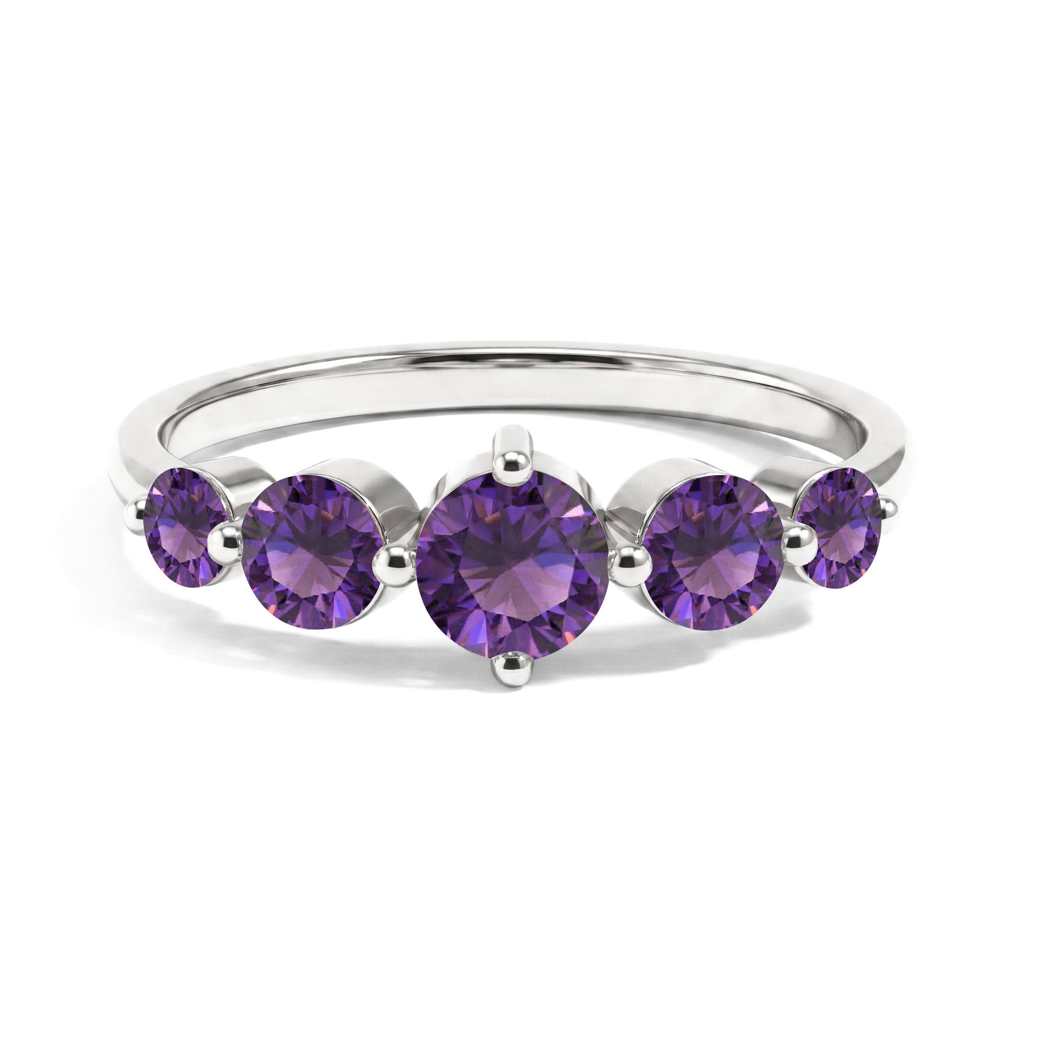 natural amethyst five stone ring, five round amethyst gemstones, 925 sterling silver ring, yellow gold filled jewelry, genuine February birthstone, purple gemstone band, handcrafted fine jewelry, elegant women's ring, polished comfort fit, anniversary gift, statement gemstone jewelry, artisan crafted design, luxury everyday ring, vibrant violet stones, stackable ring style