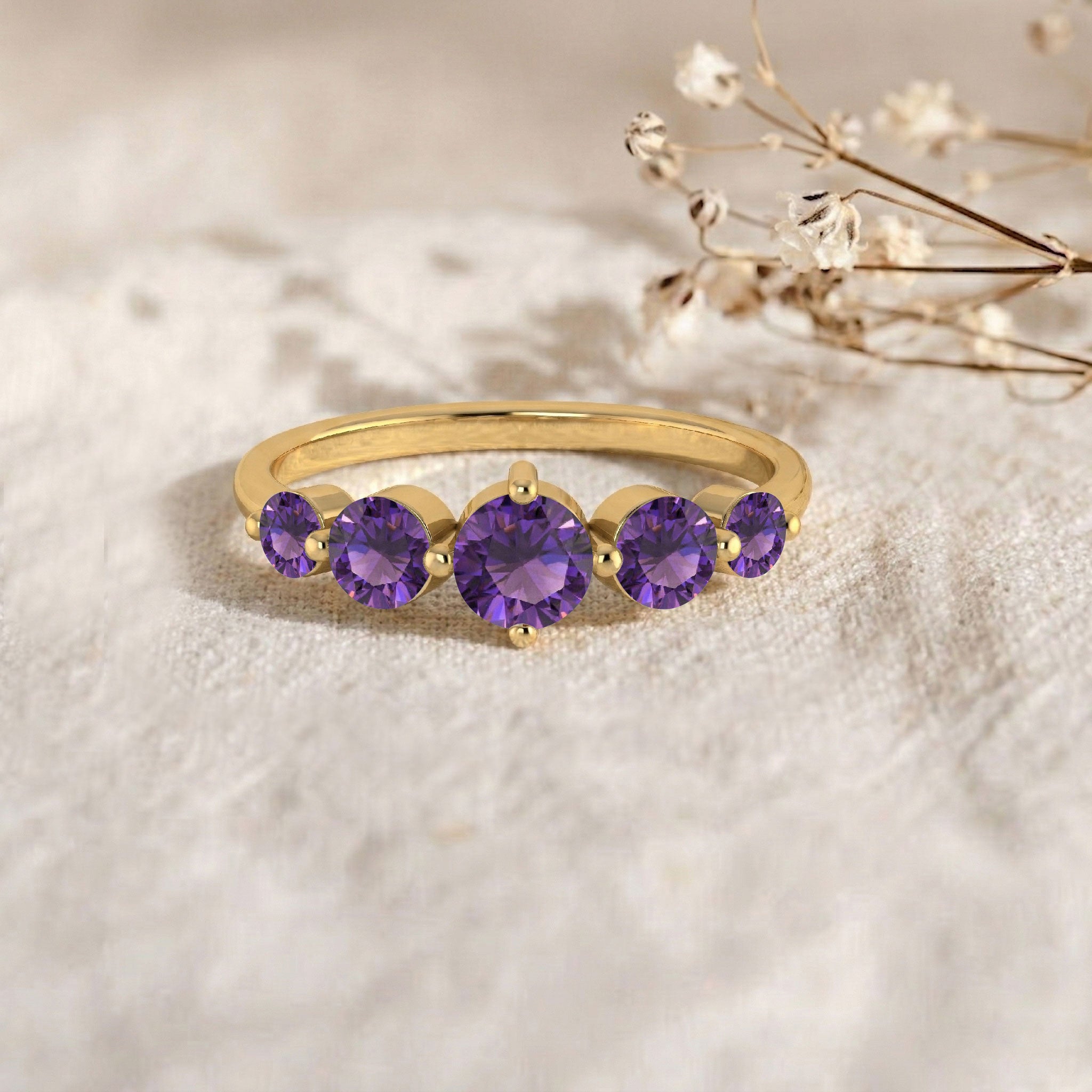 natural purple amethyst ring, round cut five gemstone setting, handmade sterling silver jewelry, premium yellow gold filled ring, classic five stone band, vibrant violet crystal jewelry, elegant anniversary ring, women's birthstone accessory, refined polished band, artisan gemstone craftsmanship, luxurious everyday jewelry, statement fashion ring, comfortable stacking design, meaningful gift ring, timeless elegance