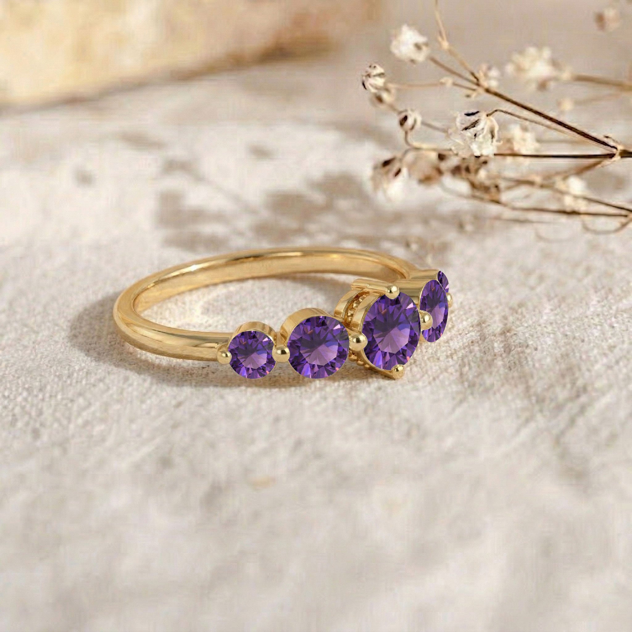 February birthstone five stone ring, genuine amethyst jewelry, polished silver gemstone band, yellow gold filled ring option, handcrafted luxury accessory, brilliant round gemstones, women's elegant fashion, artisan craftsmanship, timeless purple jewelry, stackable everyday ring, premium gemstone design, anniversary celebration gift, refined jewelry style, sparkling gemstone elegance, classic handcrafted ring