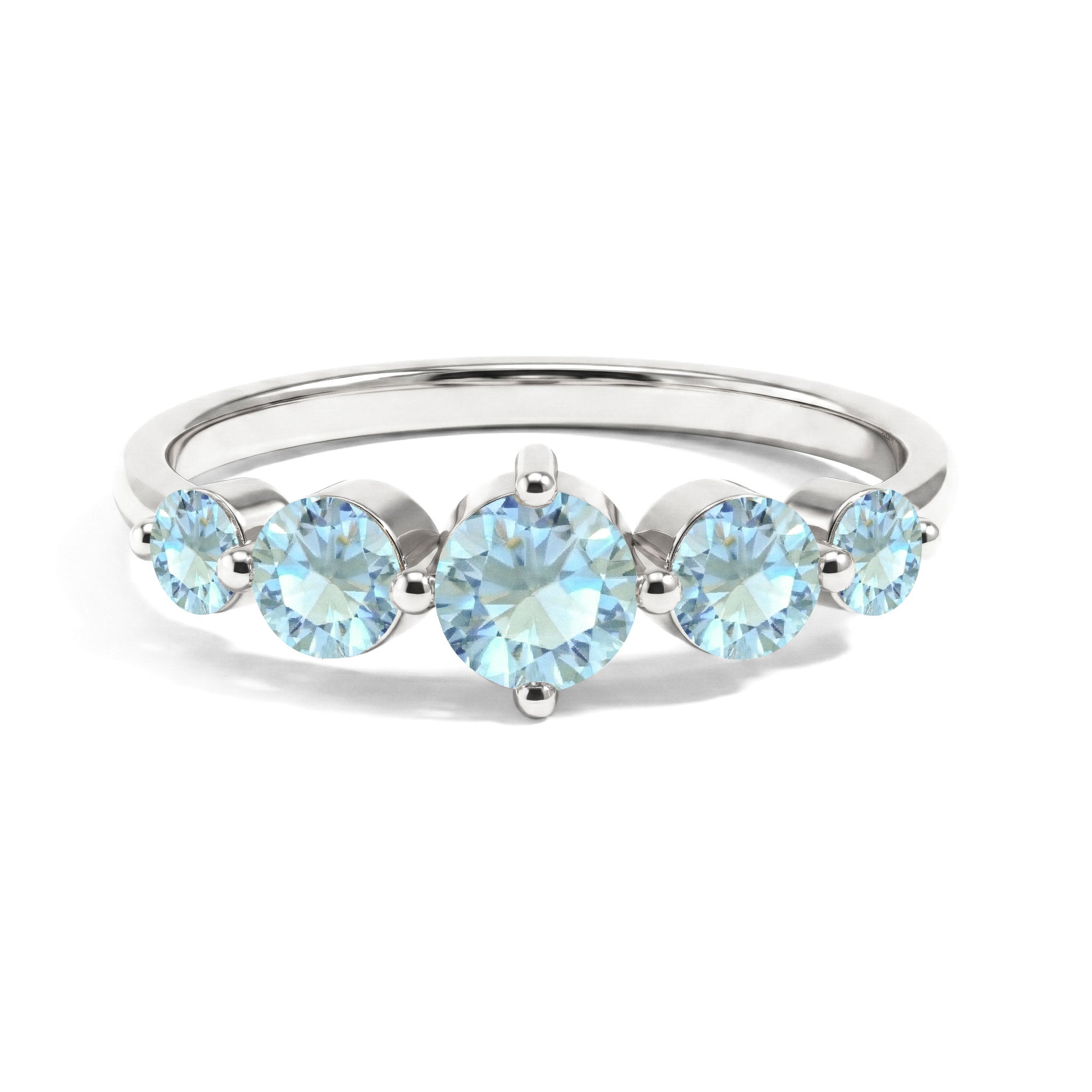 aquamarine five stone ring, graduated gemstone ring, round aquamarine jewelry, 925 sterling silver ring, yellow gold filled ring, elegant women's jewelry, handcrafted fine ring, anniversary gift, ocean blue gemstone, polished band, luxury fashion jewelry, statement ring, stackable band, artisan craftsmanship, timeless design