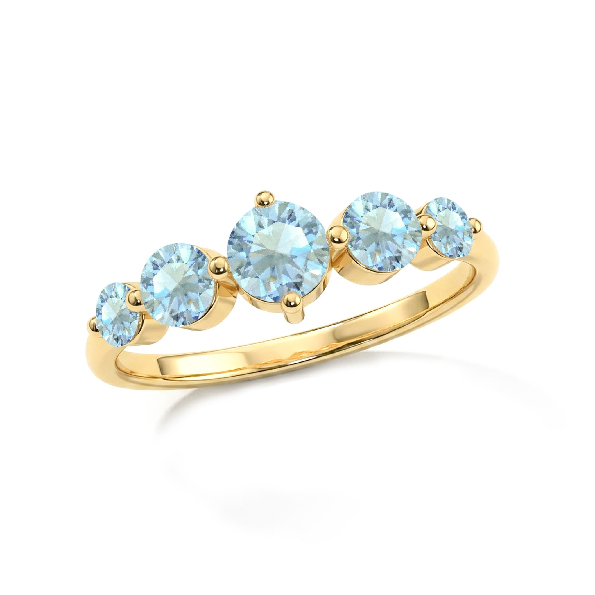 aquamarine gemstone band, graduated five stone jewelry, handcrafted elegant ring, sterling silver luxury design, premium yellow gold filled jewelry, polished comfort fit, brilliant blue gemstone sparkle, artisan fine jewelry, anniversary celebration gift, sophisticated stacking accessory, timeless everyday elegance, feminine gemstone ring, refined craftsmanship, classic luxury style, designer jewelry