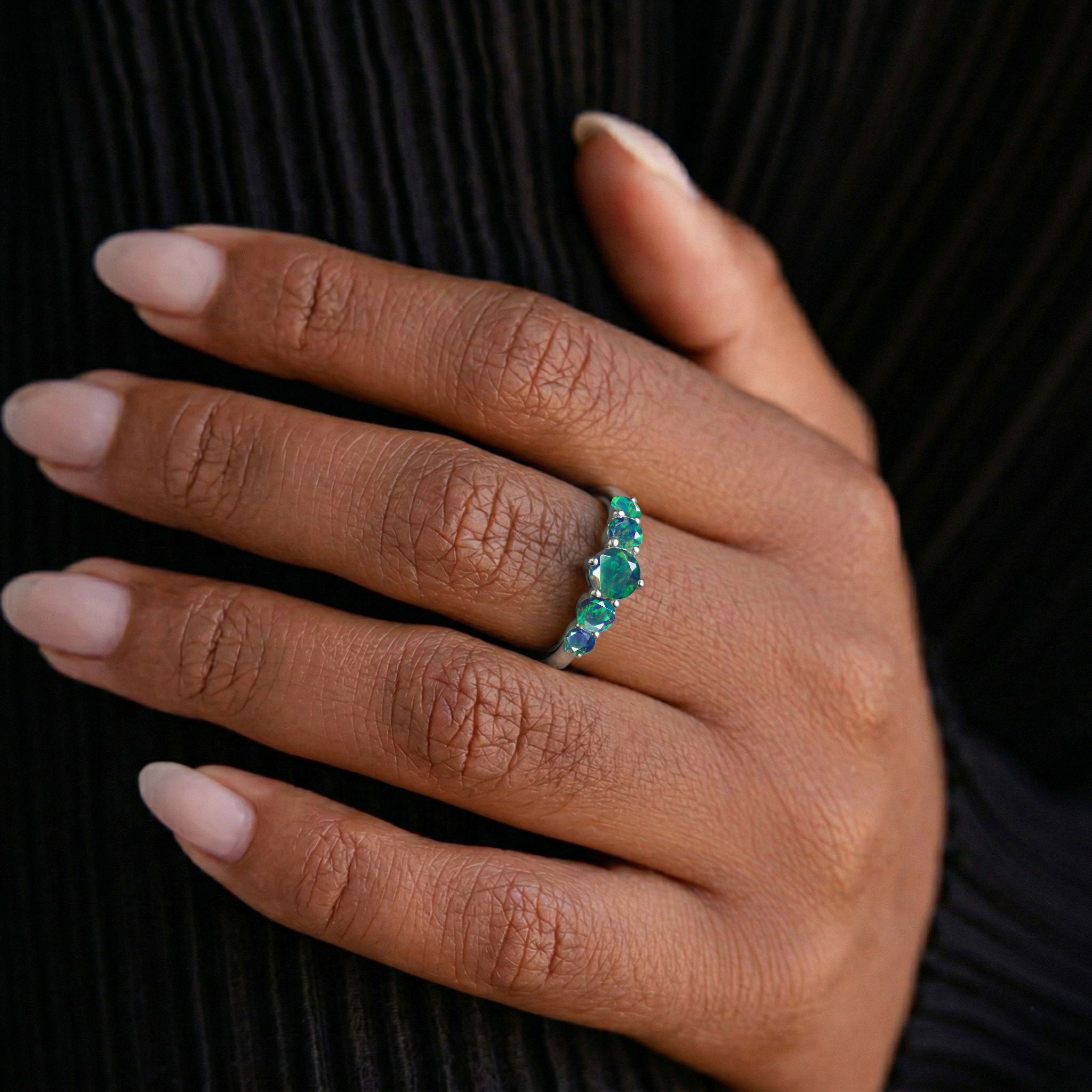 midnight black opal ring, colourful gemstone sparkle, handcrafted silver jewellery, polished gold filled band, artisan gemstone craftsmanship, luxury anniversary jewellery, premium women's ring, elegant gemstone arrangement, unique opal colours, sophisticated accessory, refined jewellery styling, timeless gemstone design, statement ring, handcrafted beauty, fine jewellery