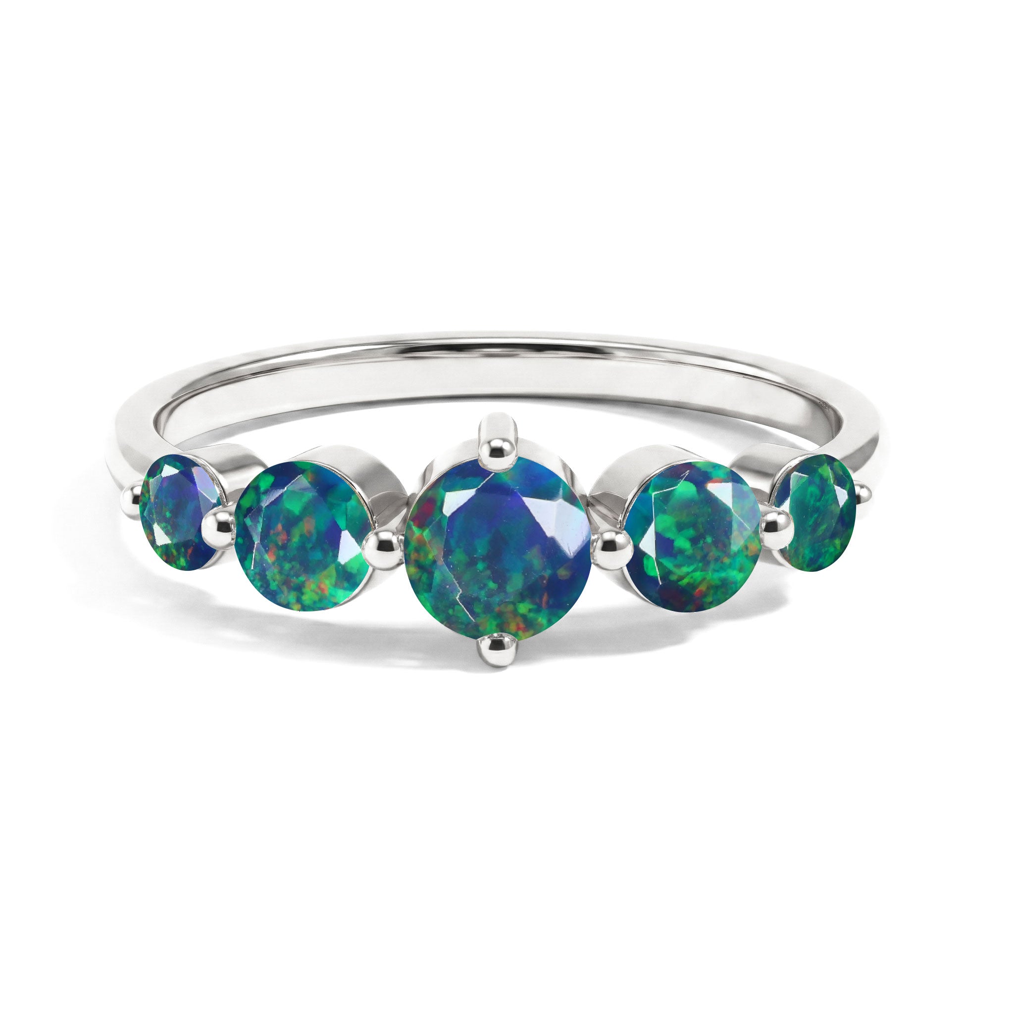 natural black opal ring, five stone opal ring, round black opal gemstones, colourful play of colour, October birthstone jewellery, 925 sterling silver ring, yellow gold filled ring, handcrafted fine jewellery, polished slim band, luxury women's ring, artisan gemstone jewellery, statement opal ring, premium jewellery gift, elegant gemstone band, timeless ring design