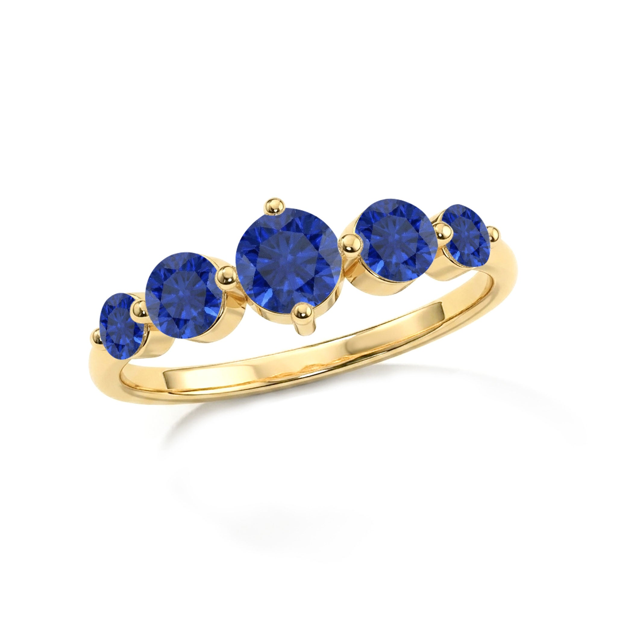 round cut sapphire ring, women's elegant jewelry, five gemstone arrangement, brilliant blue gemstones, luxurious sapphire accessory, artisan crafted jewelry, meaningful anniversary gift, timeless gemstone band, fashionable women's ring, polished elegant finish, sophisticated sapphire style, refined luxury jewelry, everyday statement ring, premium craftsmanship, graceful design