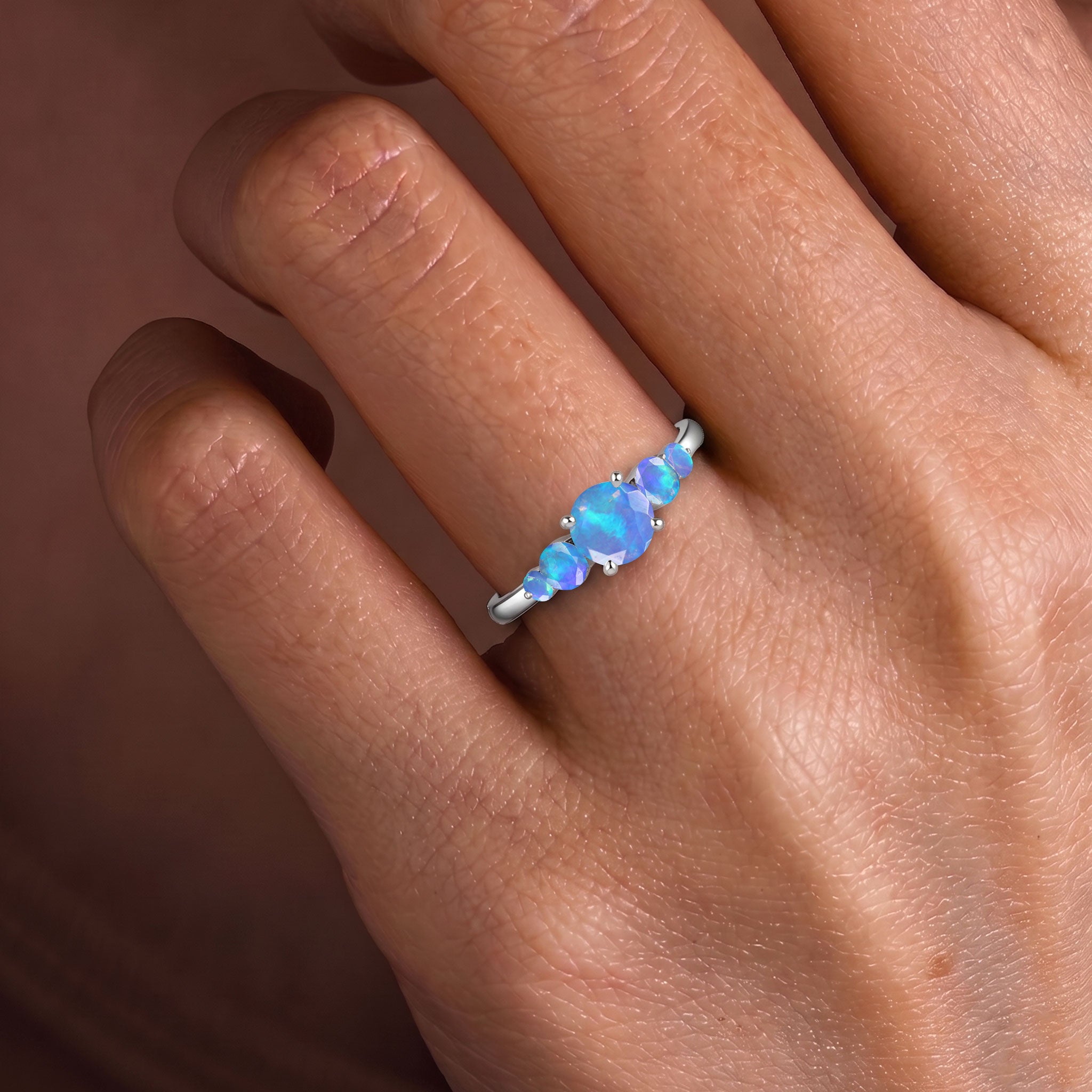 five stone blue opal ring, natural gemstone jewelry, brilliant blue opal ring, sterling silver handcrafted jewelry, yellow gold filled gemstone ring, refined women's accessory, minimalist fine jewelry, anniversary ring, birthday jewelry, artisan luxury ring, elegant gemstone setting, contemporary jewelry, polished ring, premium craftsmanship, timeless gift