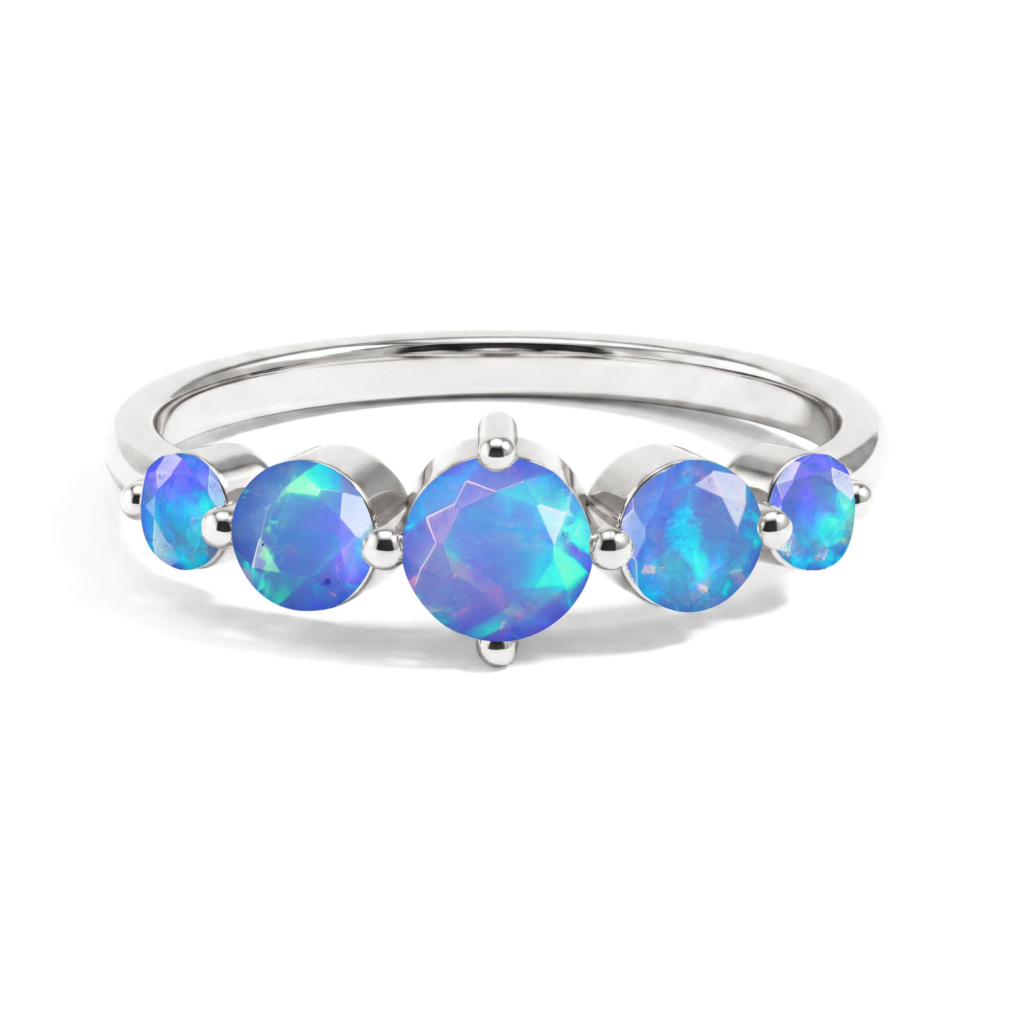 natural blue opal five stone ring, genuine blue opal ring, round blue opal jewelry, 925 sterling silver ring, yellow gold filled ring, handcrafted gemstone ring, elegant women's jewelry, October birthstone ring, five stone design, minimalist ring, artisan jewelry, luxury gemstone ring, everyday jewelry, anniversary gift, fine jewelry