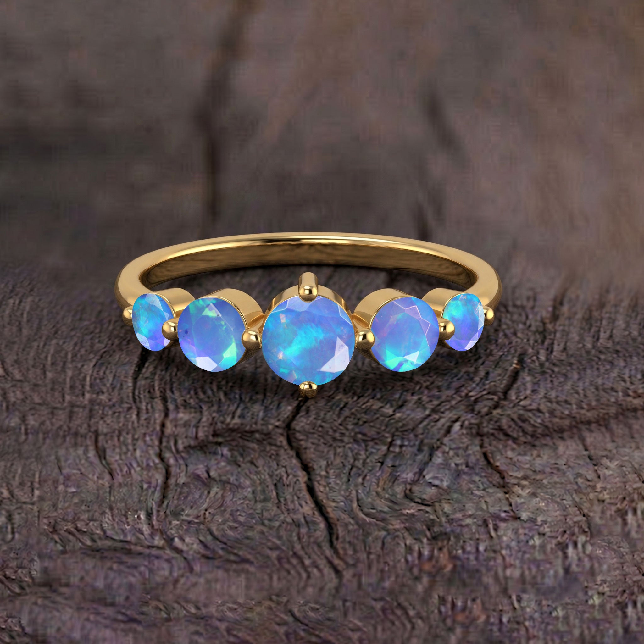 natural blue opal jewelry, genuine gemstone ring, five round opal setting, handcrafted sterling silver ring, yellow gold filled jewelry, glowing blue opal, sophisticated ring, artisan craftsmanship, October birthstone jewelry, elegant everyday ring, comfort fit jewelry, polished finish, gift for wife, luxury handmade ring, classic jewelry