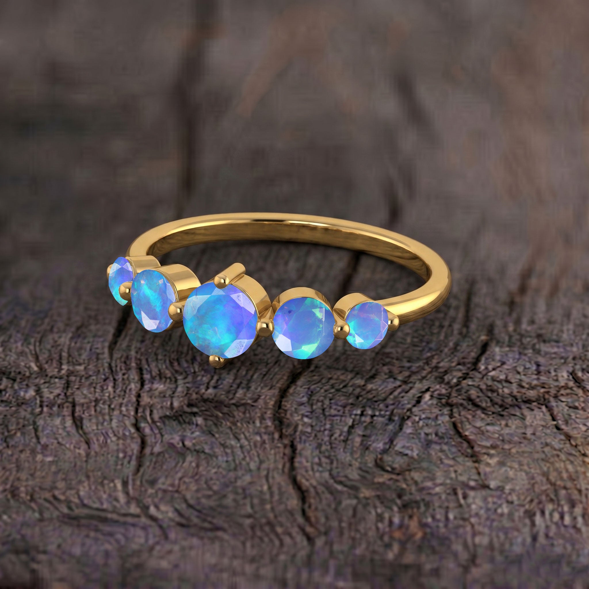 natural opal five stone jewelry, vibrant blue gemstone ring, sterling silver artisan ring, gold filled handcrafted jewelry, glowing round opals, elegant women's ring, October birthstone gift, stackable jewelry, polished comfort fit, luxury everyday accessory, refined gemstone design, premium jewelry craftsmanship, feminine ring, unique handmade jewelry, sophisticated style