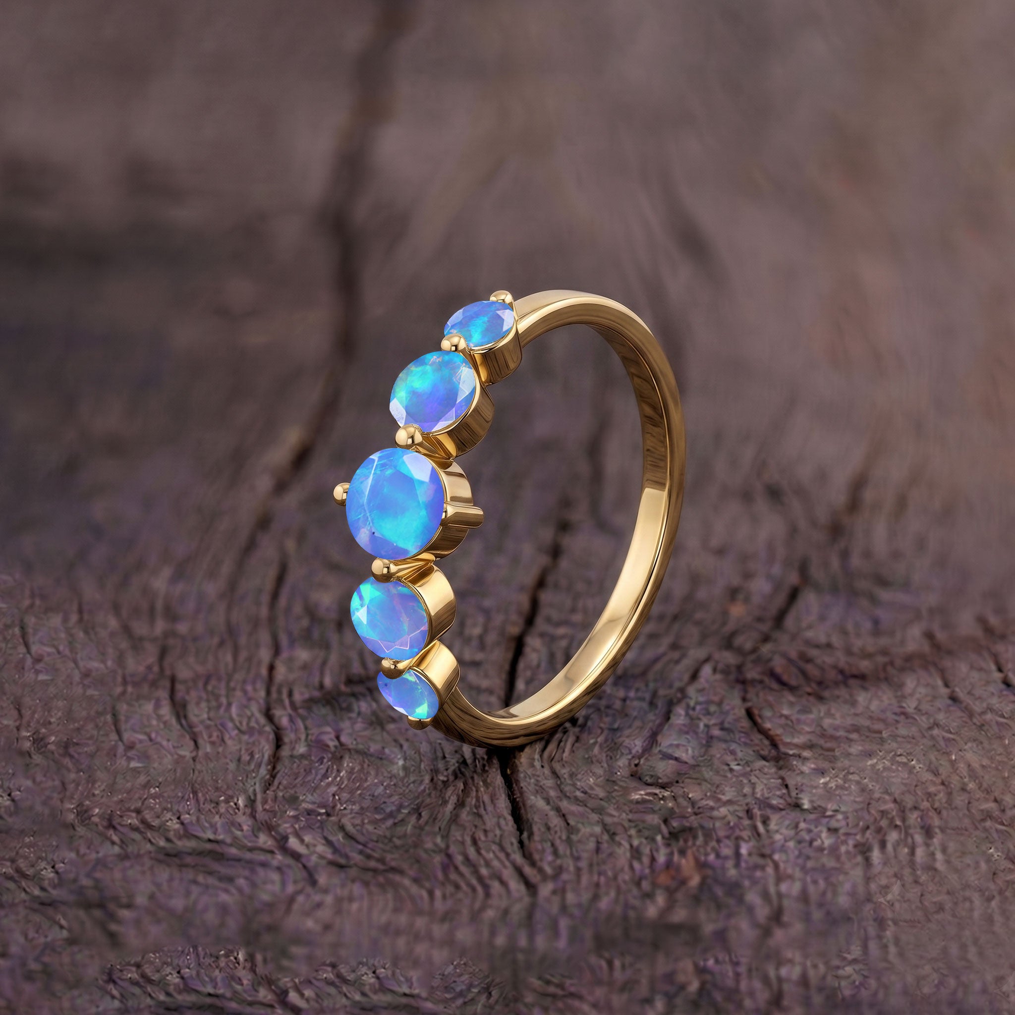 natural blue opal jewelry ring, genuine round gemstone ring, handcrafted sterling silver jewelry, yellow gold filled ring, elegant artisan craftsmanship, refined five stone setting, premium women's accessory, birthday gift jewelry, anniversary keepsake, October birthstone ring, polished luxury ring, classic jewelry design, feminine gemstone jewelry, everyday elegance, sophisticated accessory