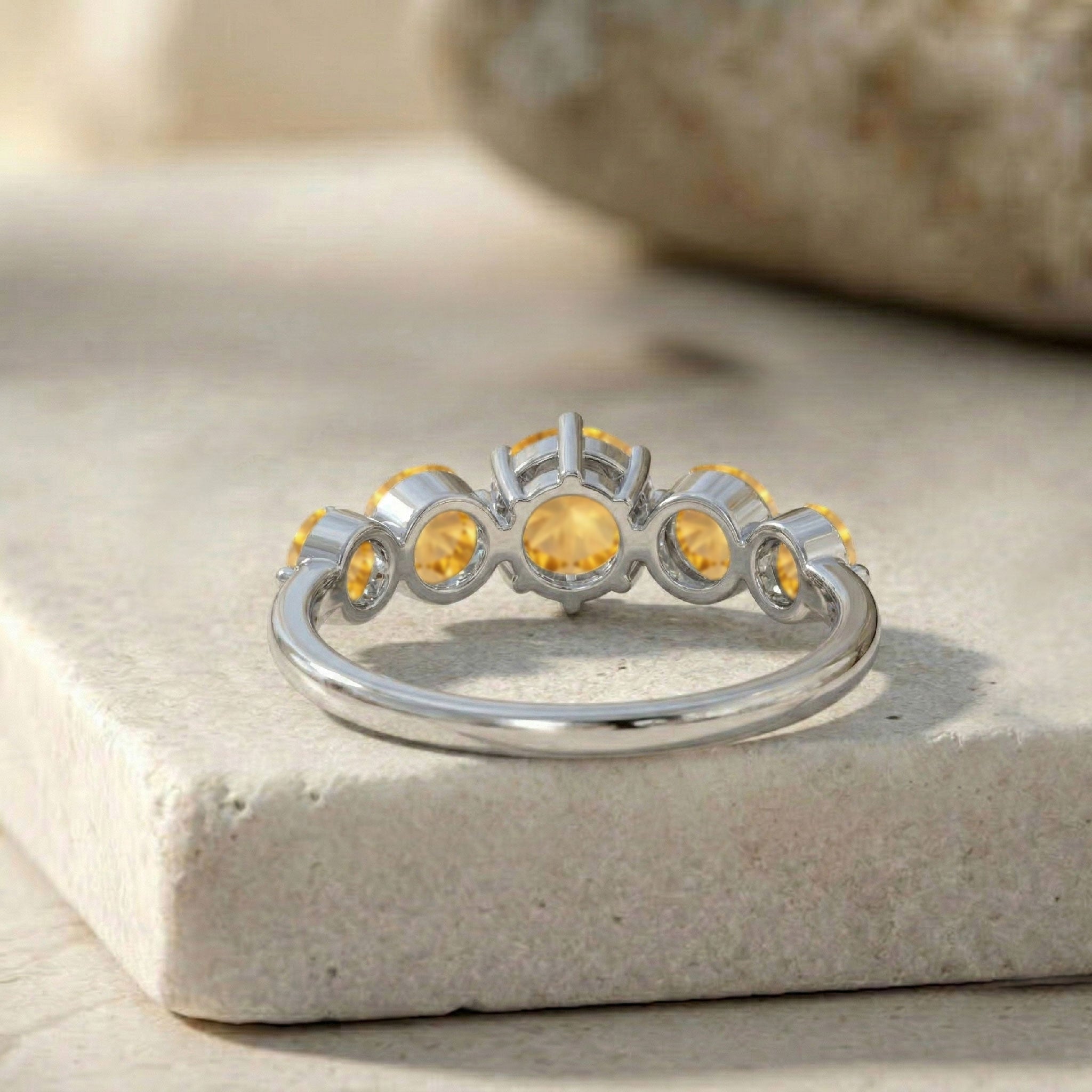 golden yellow gemstone ring, handcrafted five stone jewelry, polished sterling silver craftsmanship, premium yellow gold filled ring, brilliant round citrine stones, elegant luxury accessory, artisan jewelry design, November birthday jewelry, sophisticated ring collection, refined fashion elegance, sparkling gemstone reflections, comfortable stacking band, timeless keepsake gift, premium handcrafted quality, feminine jewelry