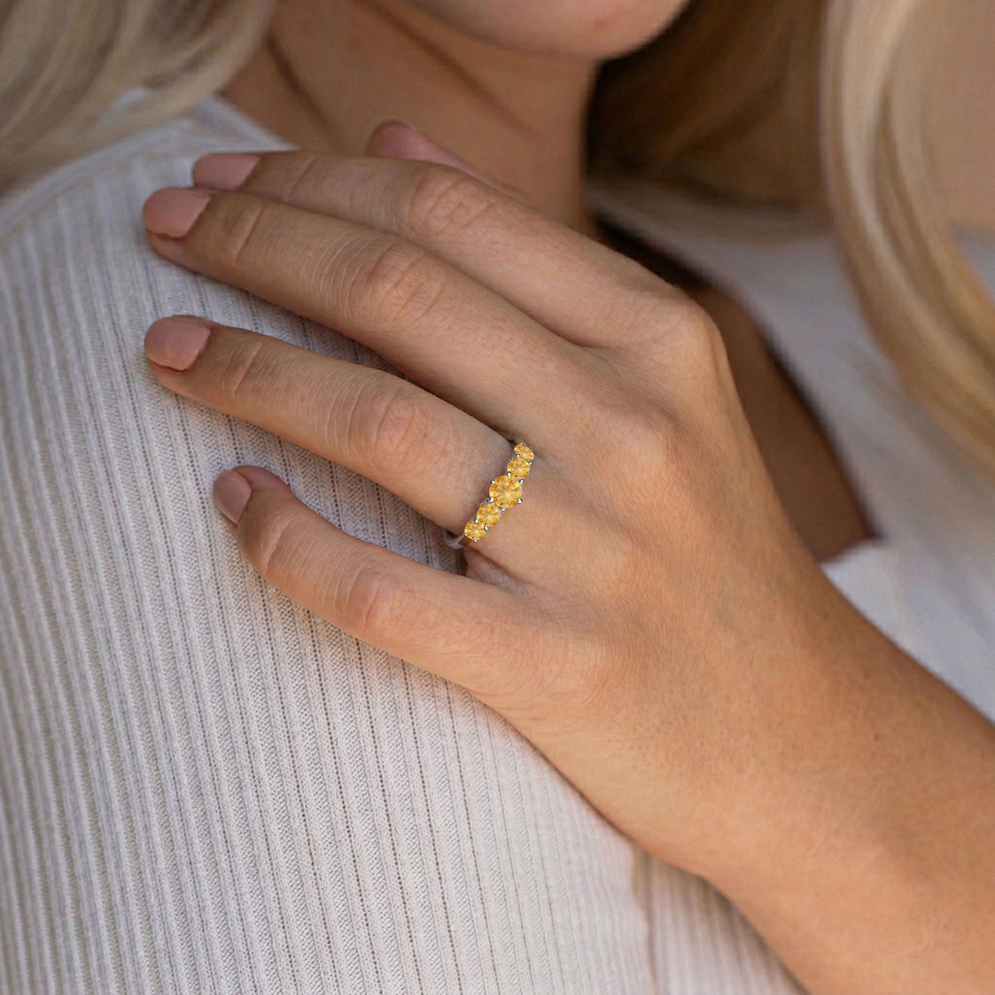 golden citrine five stone jewelry, handcrafted gemstone ring, sterling silver polished finish, elegant yellow gold filled option, classic prong setting, vibrant gemstone brilliance, artisan jewelry collection, luxurious women's accessory, anniversary celebration ring, refined stacking jewelry, November birthstone gift, comfortable daily wear, premium handcrafted elegance, timeless gemstone style, modern jewelry