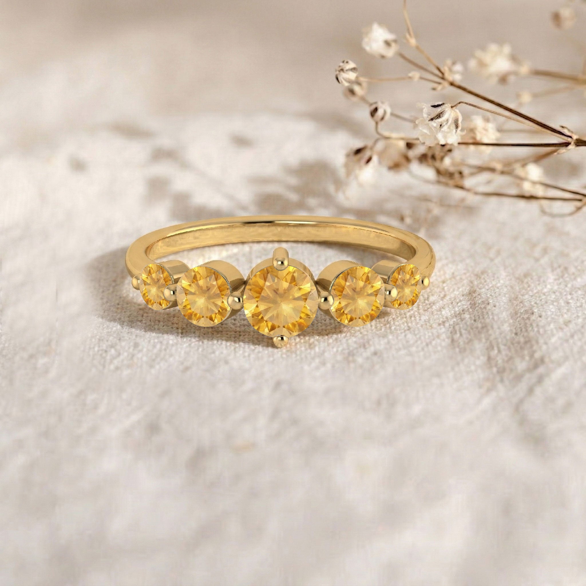 natural round citrine jewelry, five gemstone anniversary ring, handcrafted artisan band, polished silver ring design, yellow gold filled jewelry, glowing golden gemstones, elegant fashion accessory, luxury handmade jewelry, refined women's ring, premium gemstone craftsmanship, brilliant faceted sparkle, everyday elegance, stackable jewelry style, timeless keepsake, sophisticated design