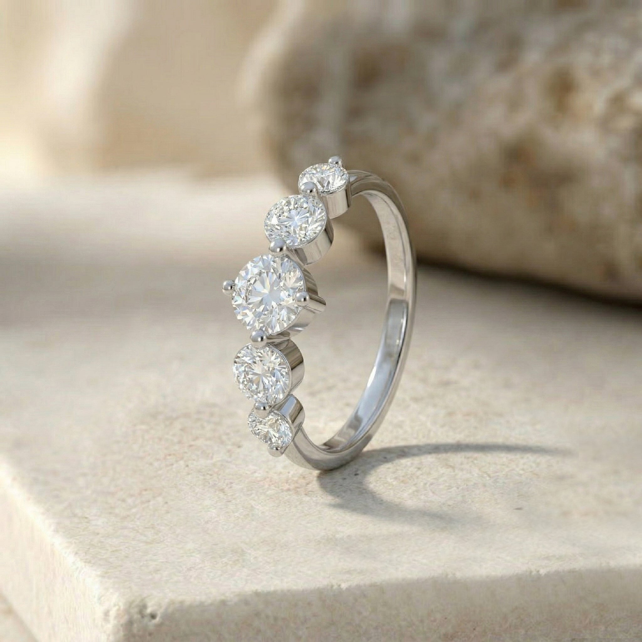 modern five stone jewelry, brilliant moissanite gemstones, slim luxury band, handcrafted anniversary ring, elegant wedding accessory, sterling silver brilliance, premium yellow gold finish, timeless gemstone design, refined stacking style, luxury everyday jewelry, feminine statement piece, artisan craftsmanship, sparkling celebration ring, contemporary elegance, gift collection