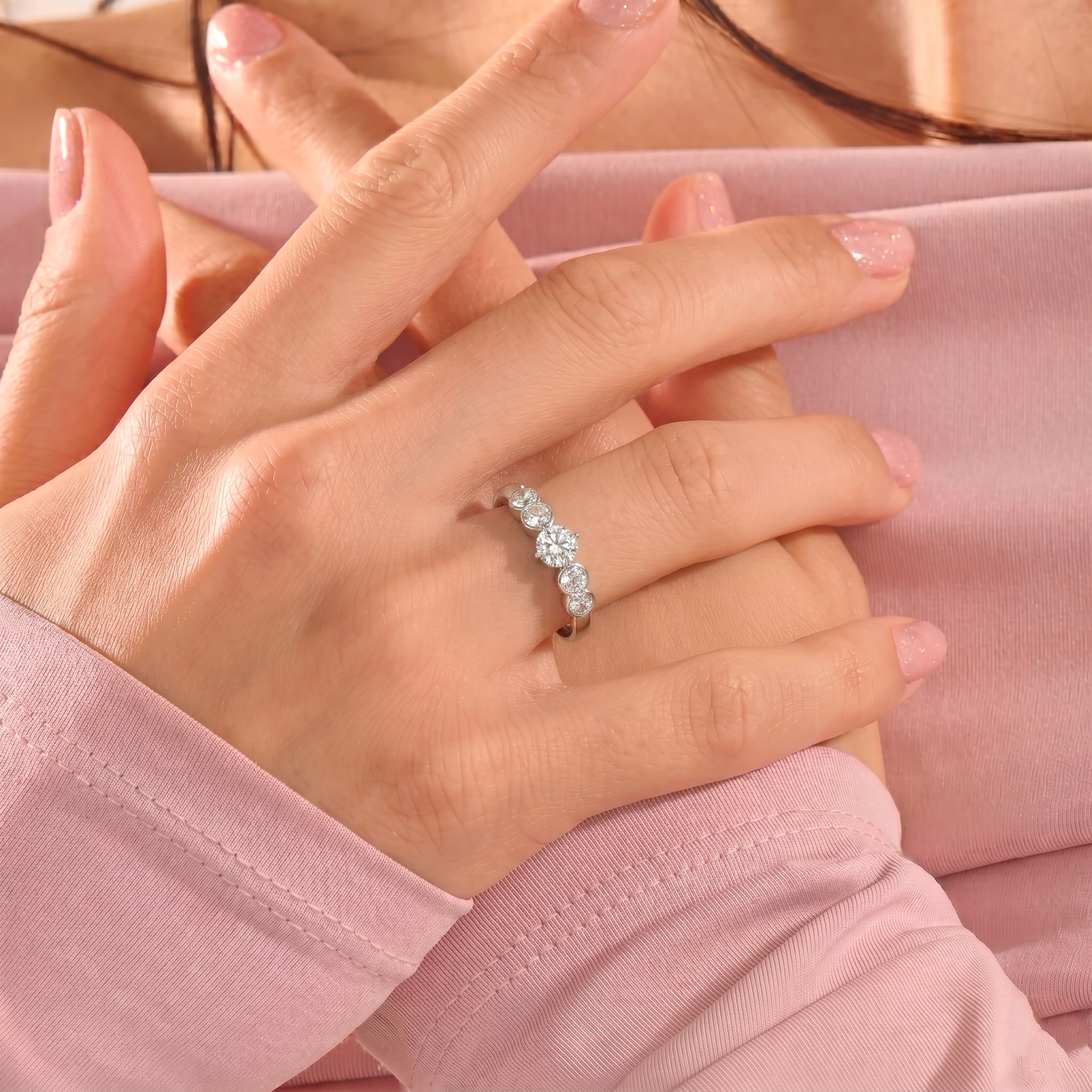 round moissanite engagement ring, five gemstone band, brilliant center stone, graduated round stones, fine silver jewelry, premium gold filled ring, everyday luxury accessory, elegant promise ring, wedding jewelry, sophisticated band, luxury gift idea, classic ring style, handcrafted craftsmanship, sparkling bridal accessory, refined jewelry design