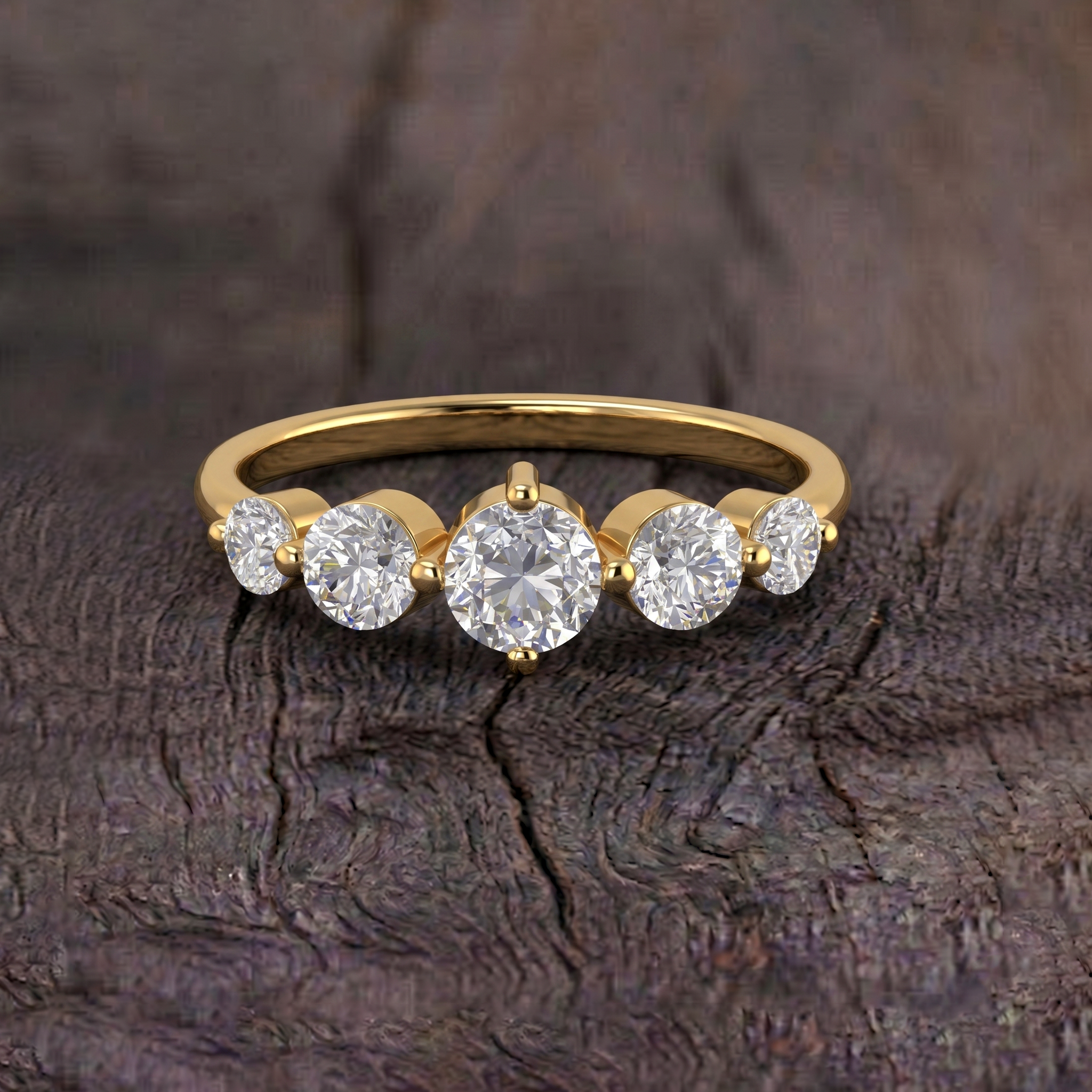 natural moissanite jewelry, polished sterling silver band, yellow gold filled jewelry, five stone anniversary ring, symmetrical gemstone setting, luxury stacking ring, elegant fashion ring, bridal gift jewelry, premium craftsmanship, brilliant faceted stones, timeless elegance, delicate ring profile, everyday sparkle, contemporary jewelry, refined statement ring