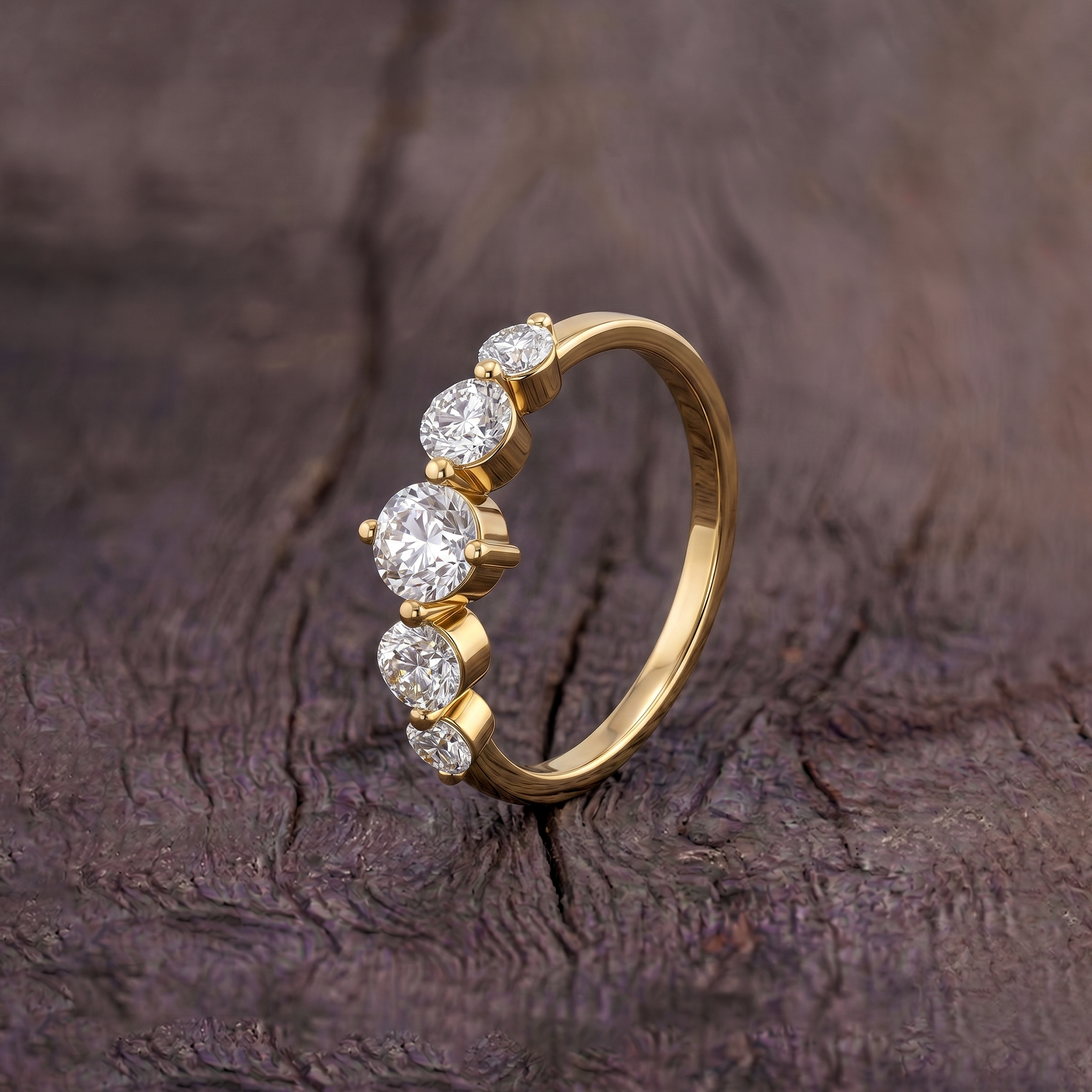 luxury moissanite fashion ring, five round gemstone design, handcrafted fine jewelry, polished minimalist band, elegant bridal accessory, sterling silver craftsmanship, premium gold filled option, anniversary jewelry gift, statement stacking ring, refined sparkle, timeless wedding jewelry, sophisticated gemstone ring, women's elegant accessories, brilliant shine, artisan ring