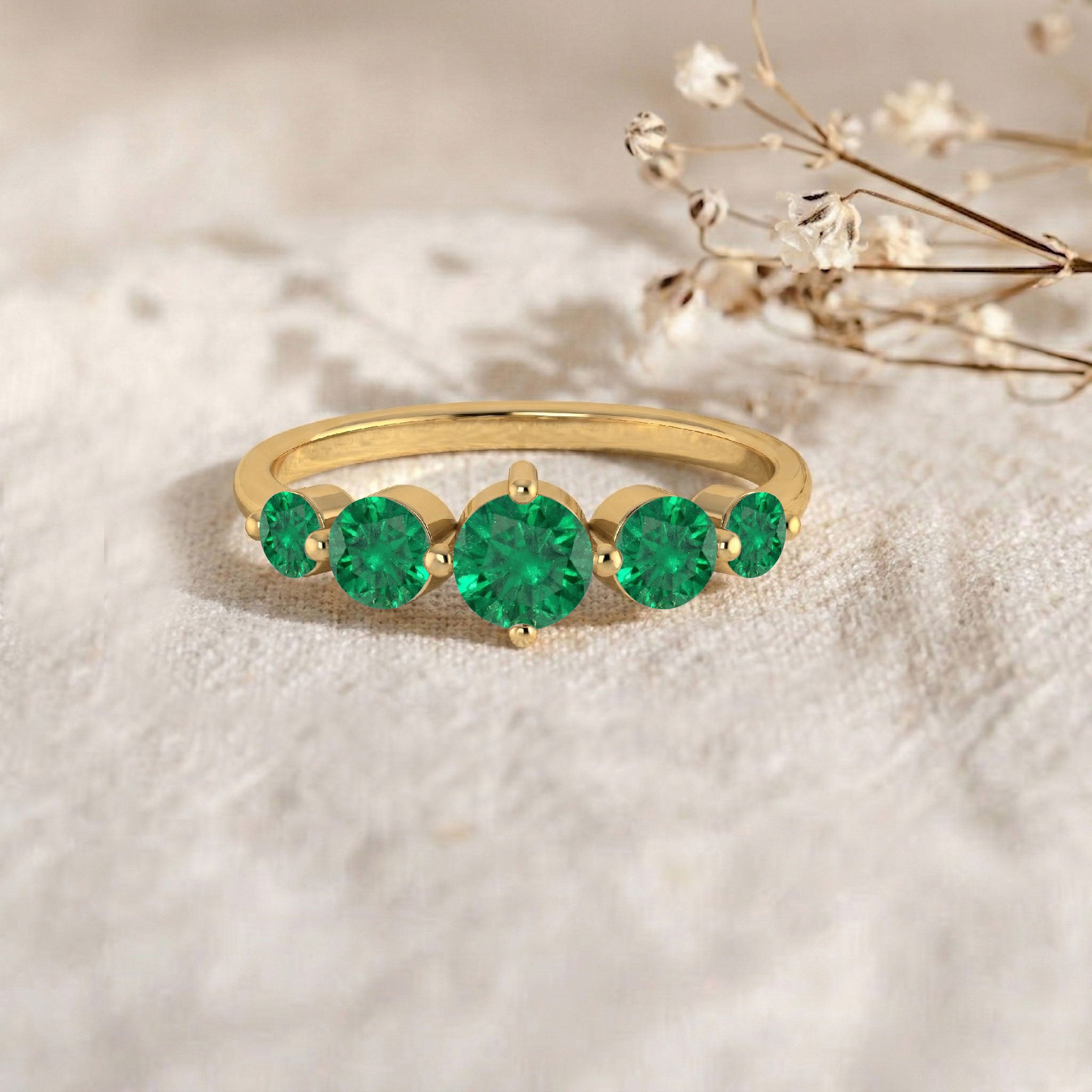 Emerald five stone ring, round emerald band, graduated gemstone ring, 925 sterling silver jewelry, yellow gold filled ring, emerald anniversary band, elegant emerald jewelry, women's stacking ring, green gemstone ring, handcrafted ring, minimalist band, luxury gift, promise ring, polished finish, everyday jewelry