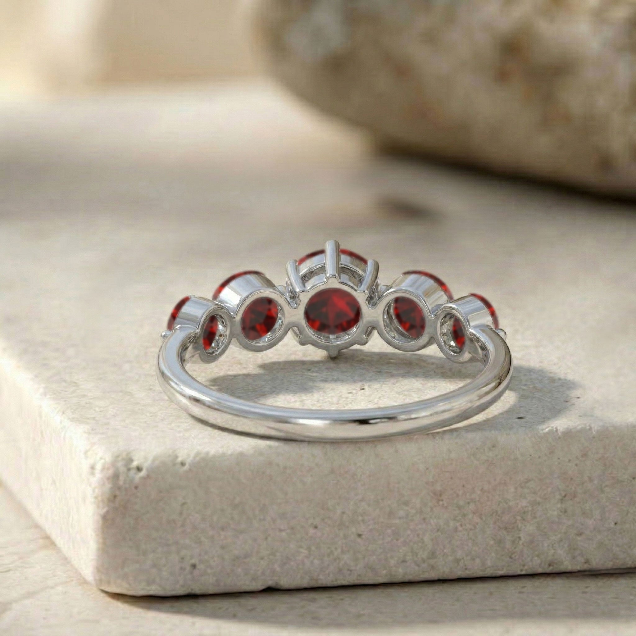 red gemstone stacking ring, five stone luxury band, sterling silver elegant jewelry, yellow gold filled fashion accessory, handcrafted garnet craftsmanship, round brilliant gemstone ring, refined anniversary keepsake, polished bridal band, January birthstone fashion, contemporary women's jewelry, sophisticated gemstone setting, premium elegant ring, everyday luxury accessory, artisan design, vibrant sparkle